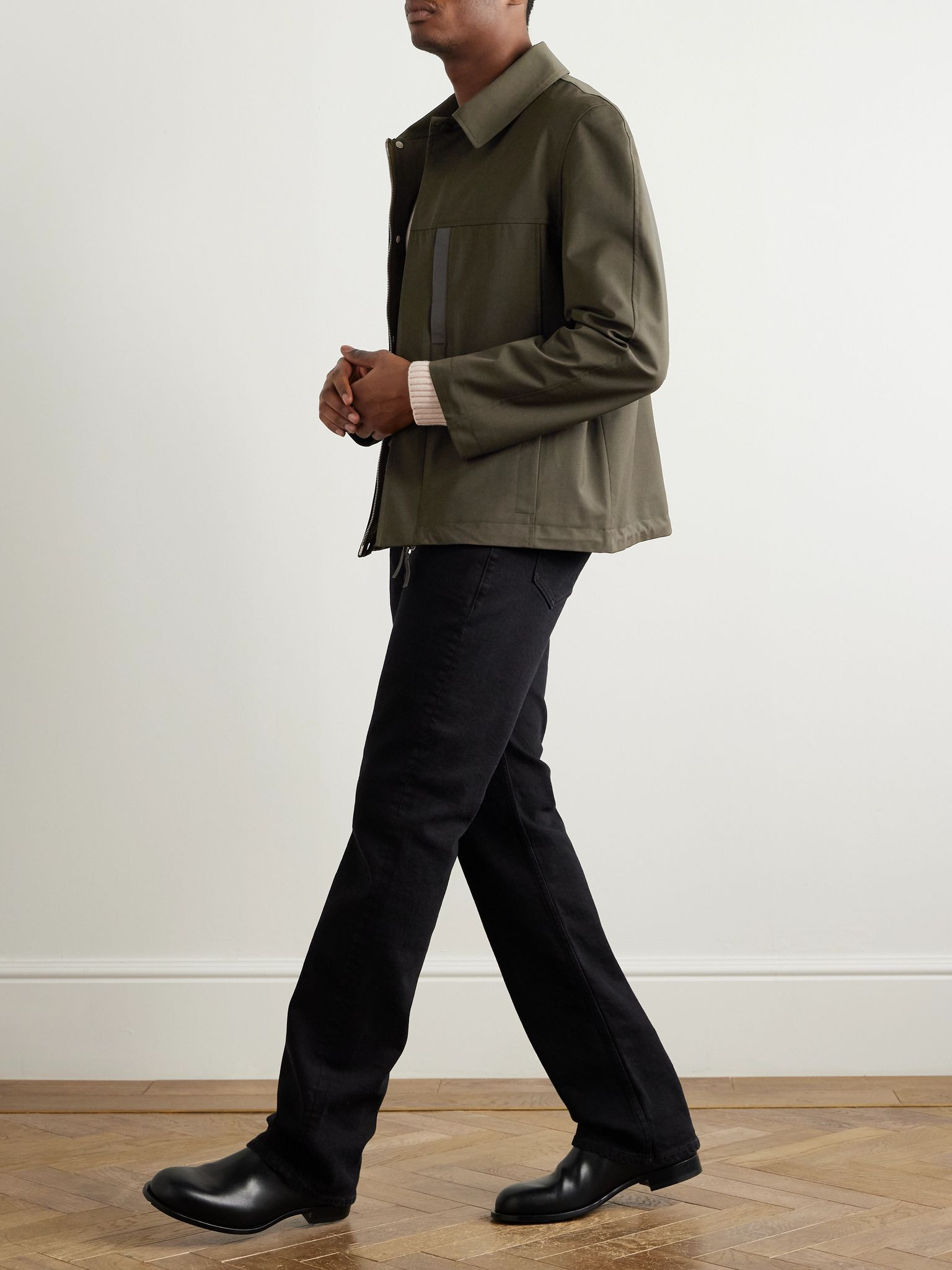Leather-Trimmed Woven Jacket Green - 2
