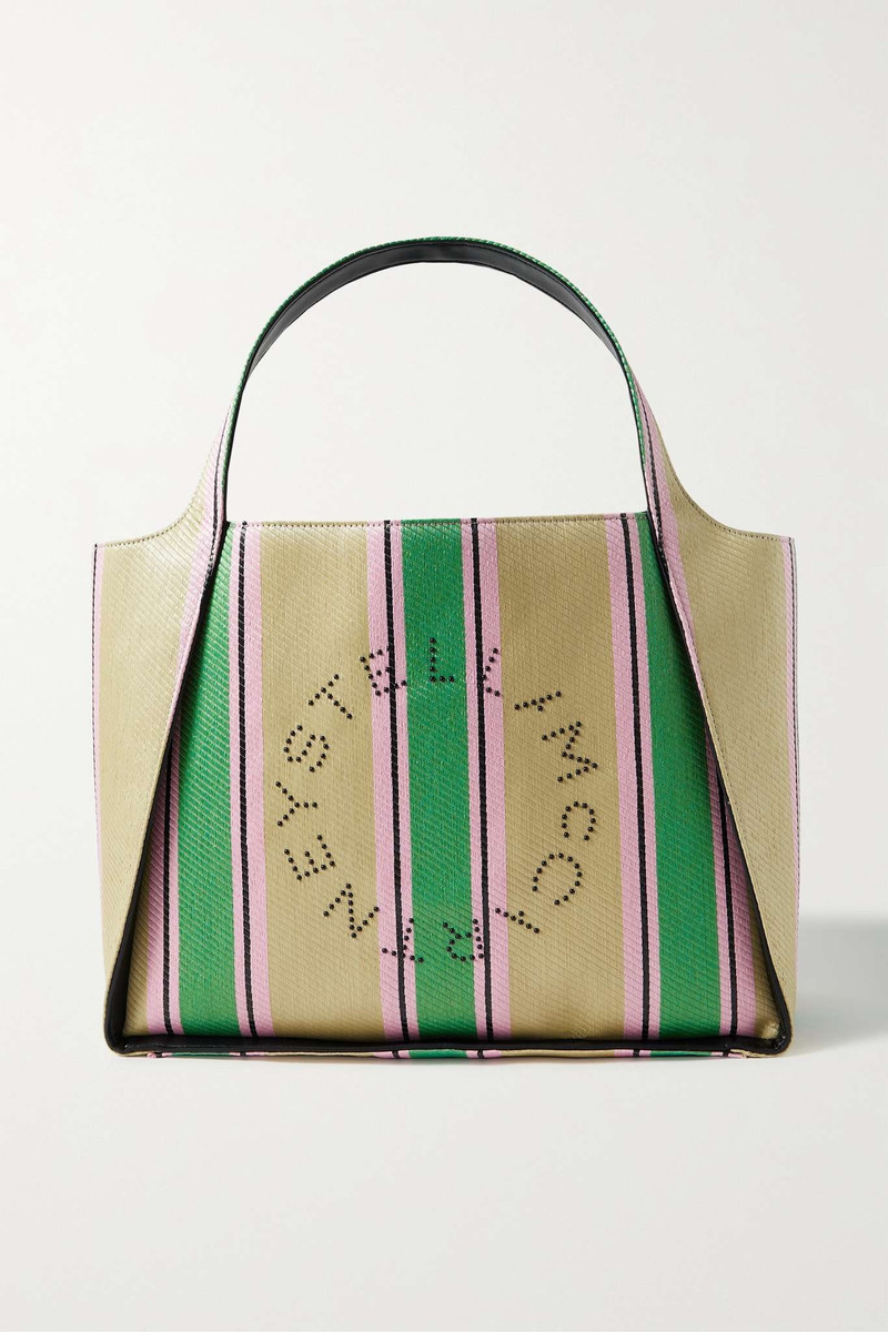 Vegetarian leather-trimmed studded striped raffia tote - 1