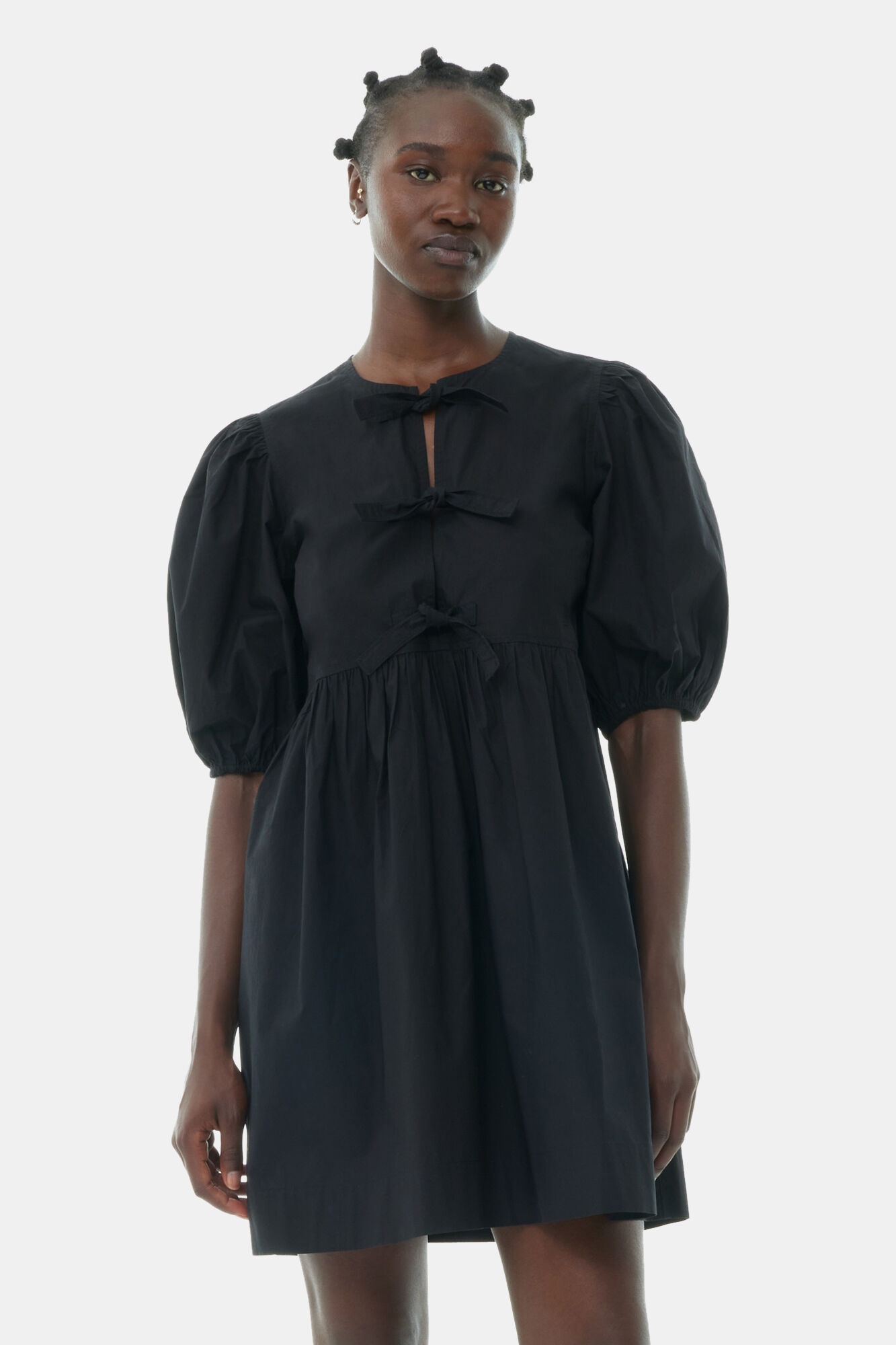 BLACK COTTON POPLIN TIE STRING MINI DRESS - 3