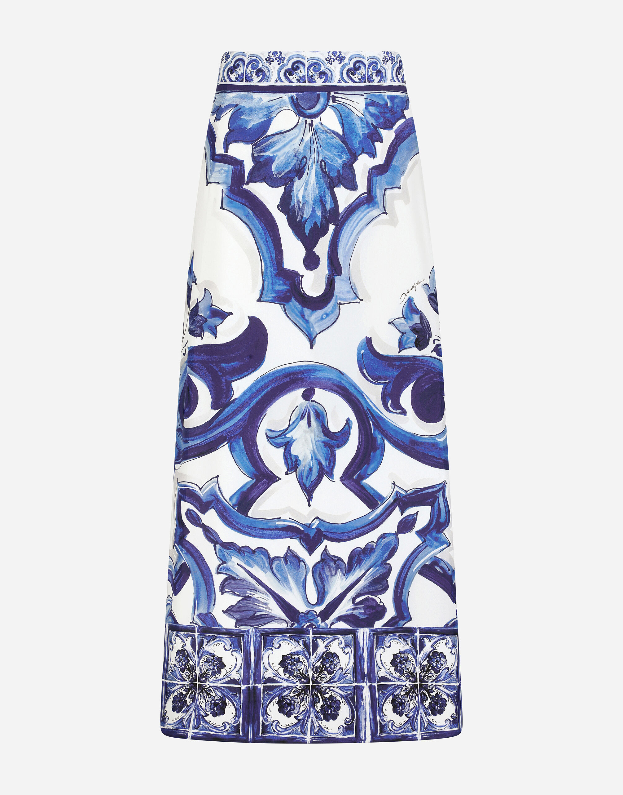 Majolica-print charmeuse calf-length skirt with slit - 1