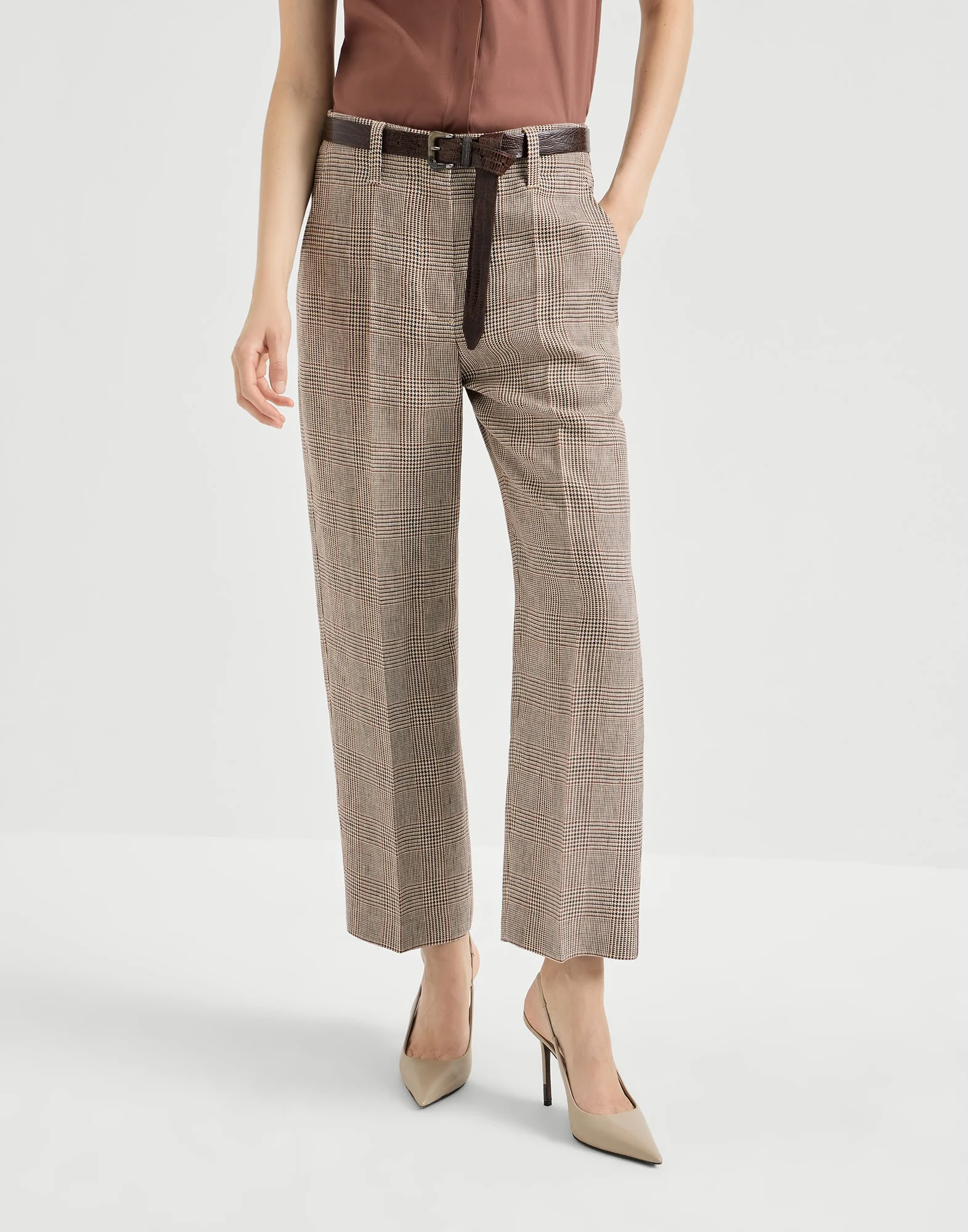 Linen Prince of Wales square cigarette trousers with monili - 1