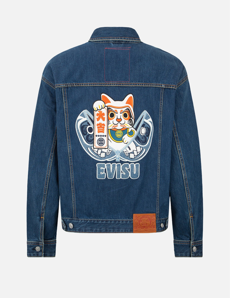 EVISU Zip-up Daruma and Fortune Cat Appliqué Denim Jacket outlook