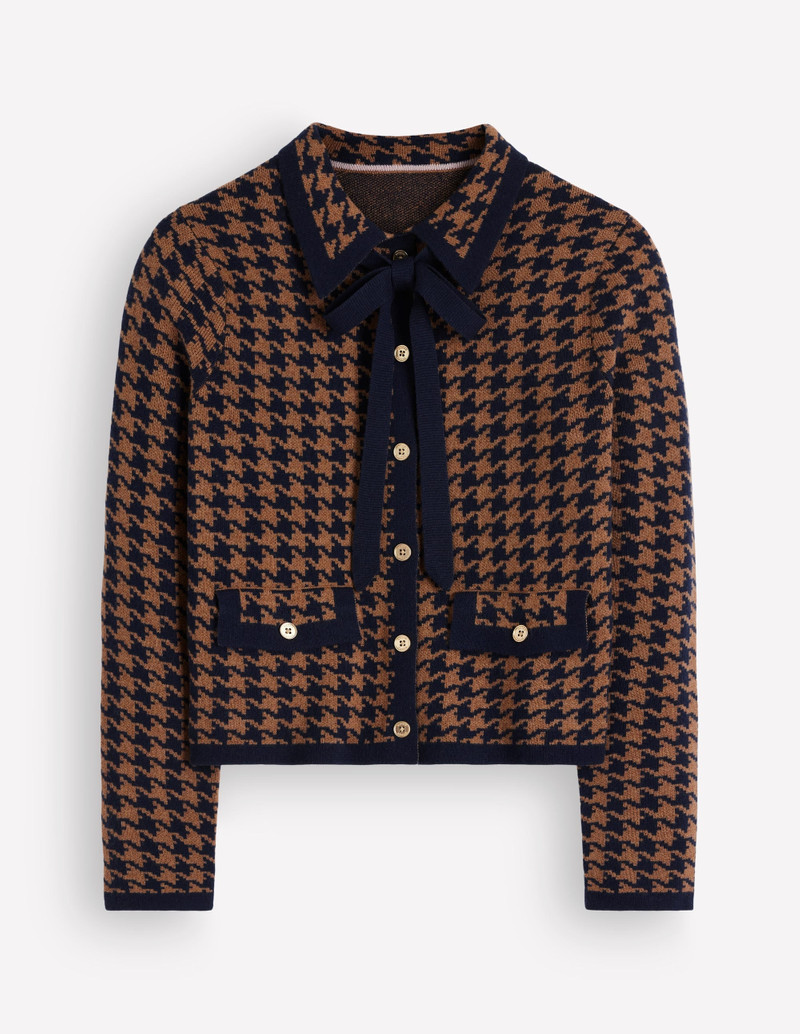 Elizabeth Bow Knitted Jacket-Camel, Dogstooth - 1