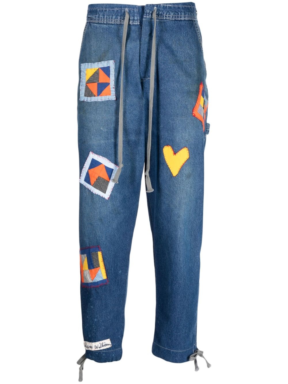 patch-detail drawstring jeans - 1