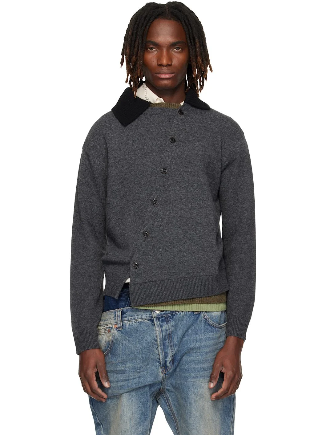 Gray Layered Collar Cardigan - 1