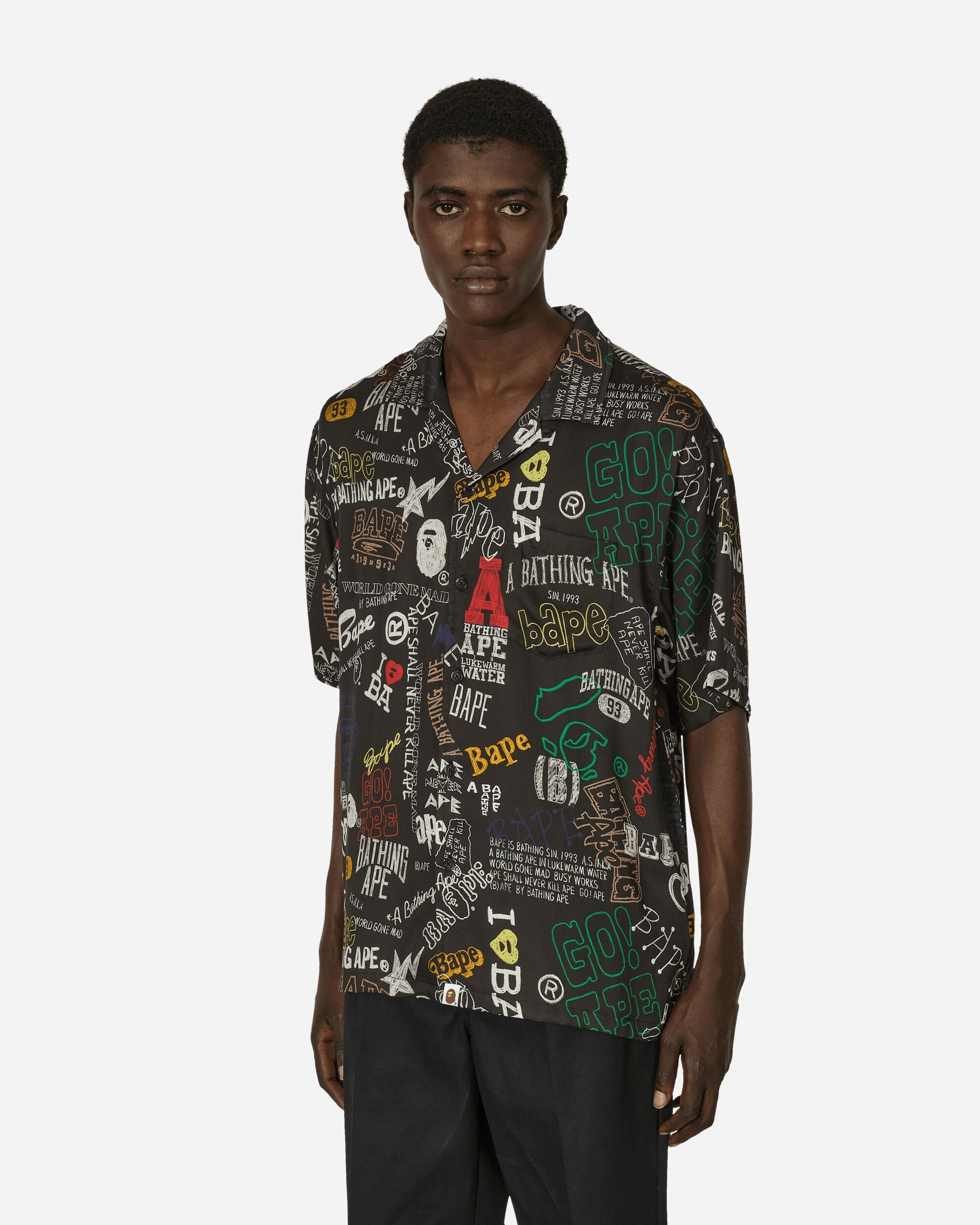 Hand Draw Open Collar Shirt Black - 1