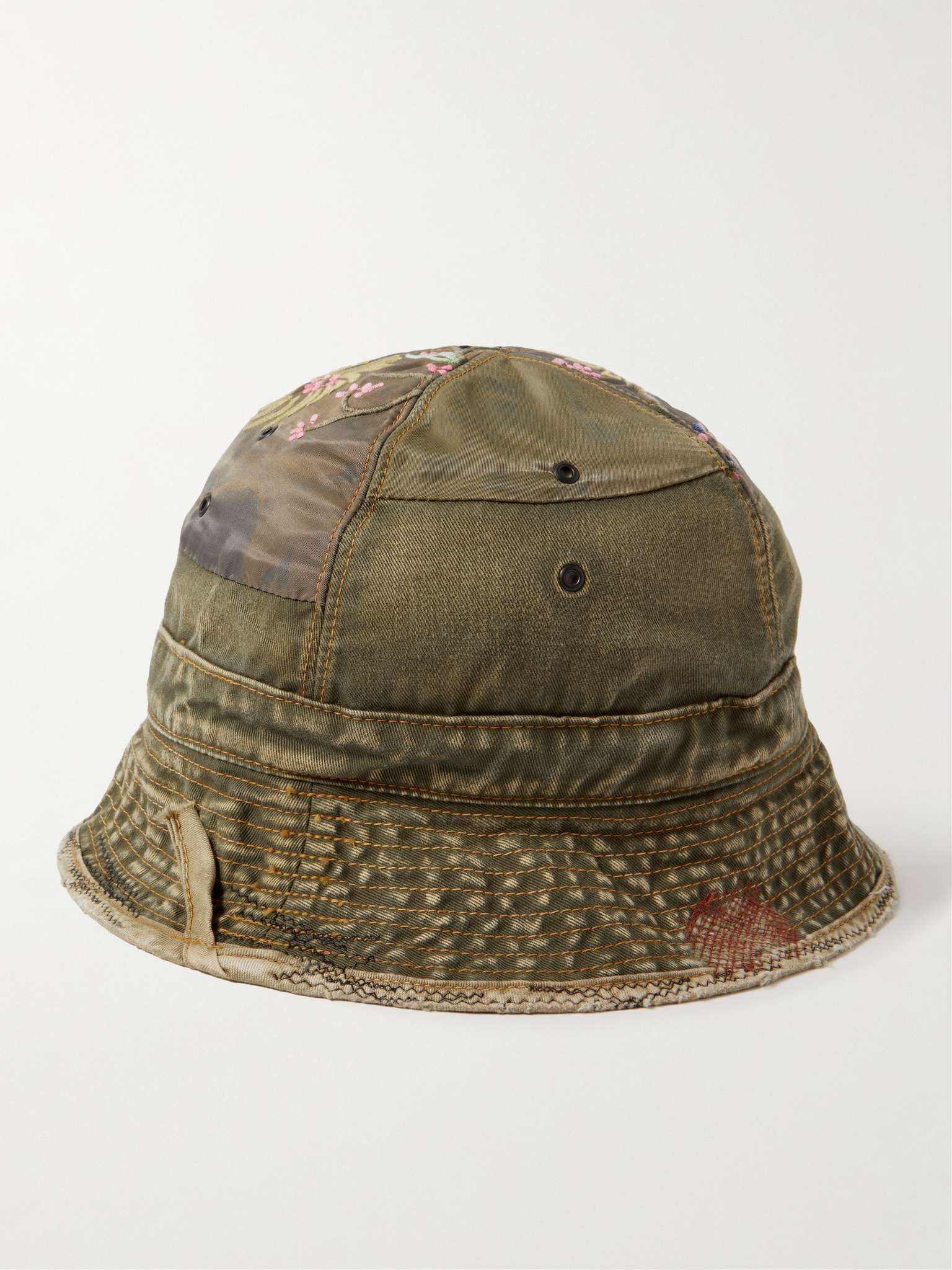 Distressed Embroidered Patchwork Cotton-Twill and Shell Bucket Hat - 3