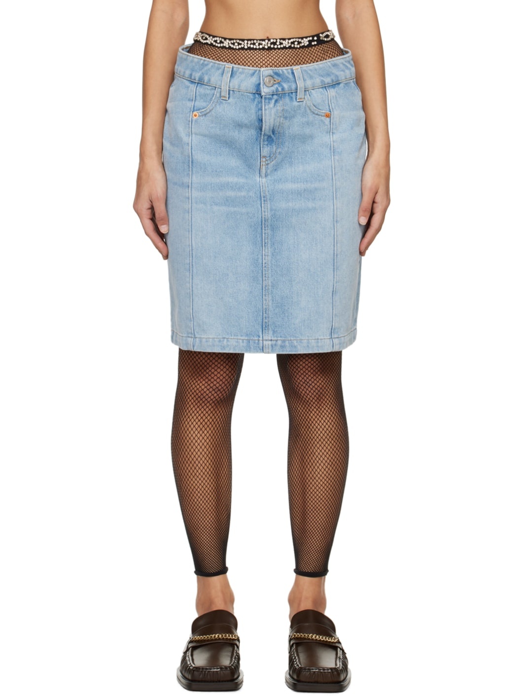 Blue Narrow Front Denim Miniskirt - 1