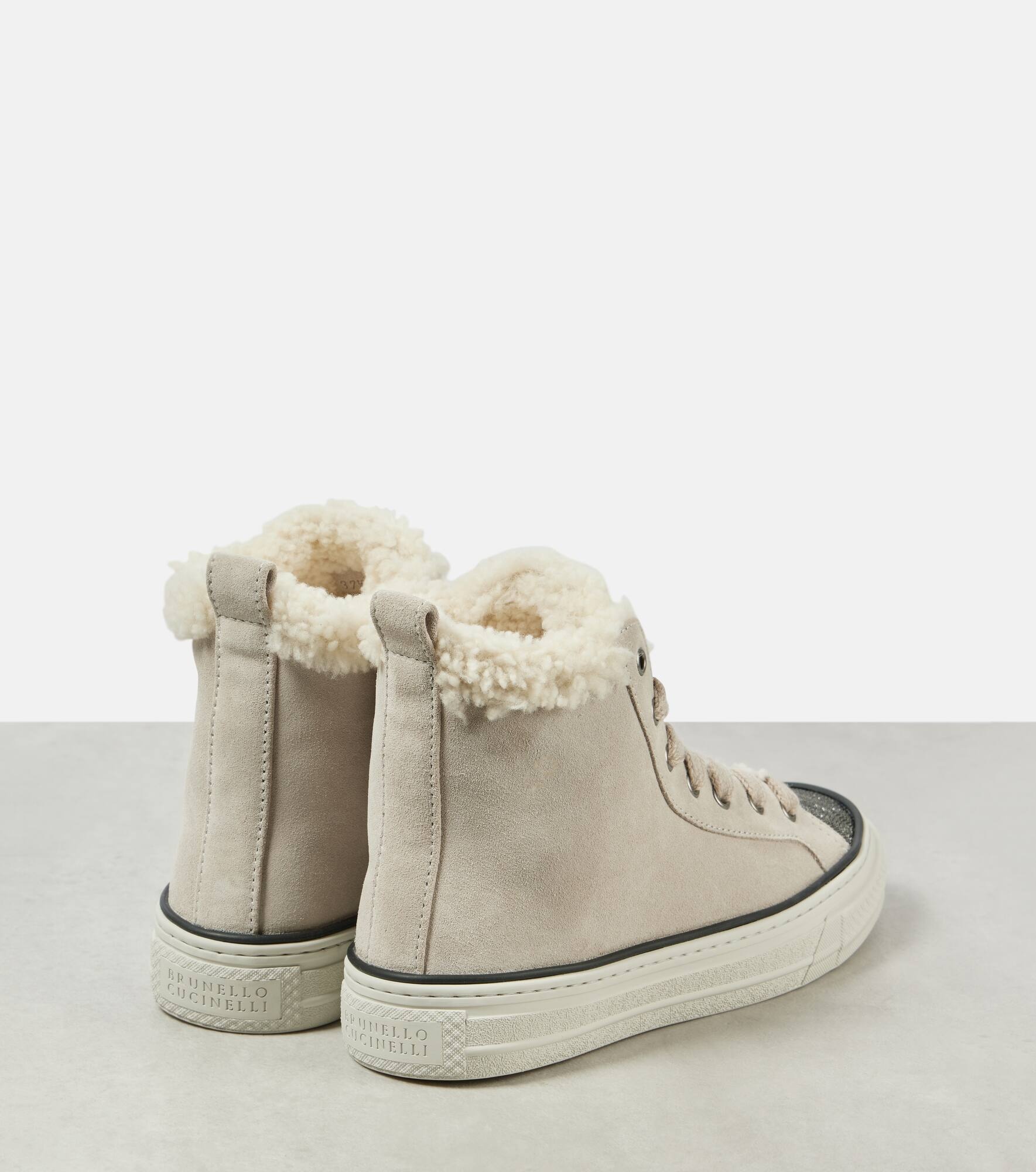 Shearling-trimmed suede high-top sneakers - 3