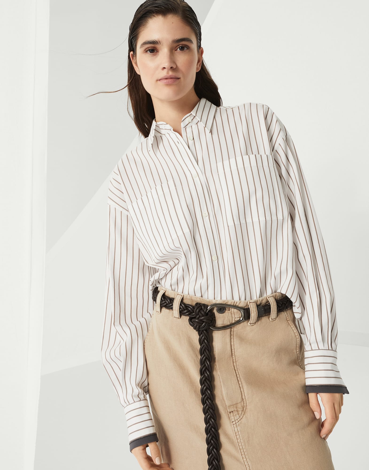 Striped cotton twill shirt with shiny cuffs - 4