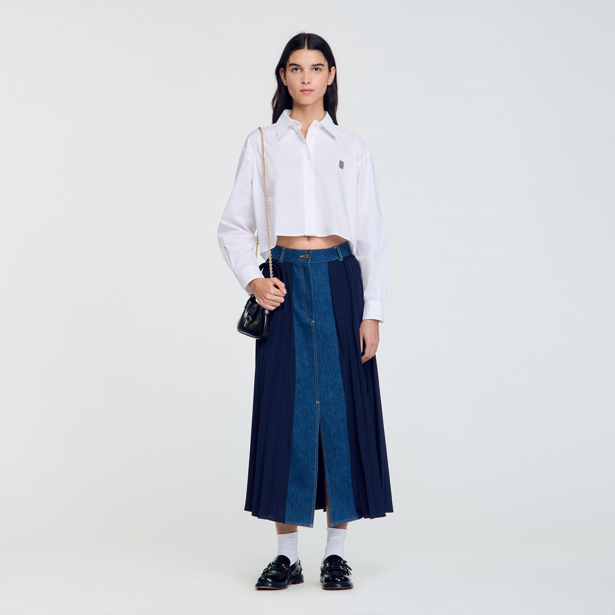 DUAL-MATERIAL DENIM PLEATED SKIRT - 2