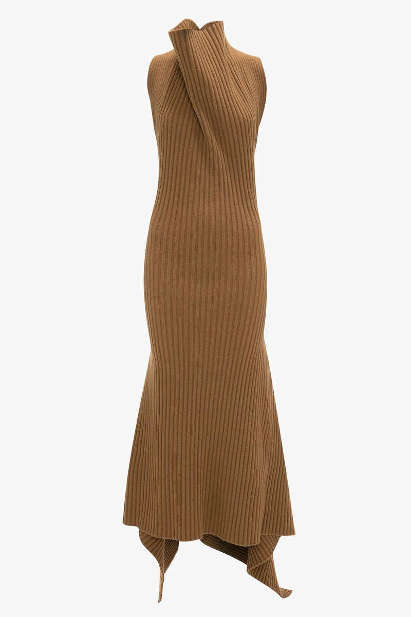 Draped Sleeveless Rib Midi Dress In Dark Camel 1