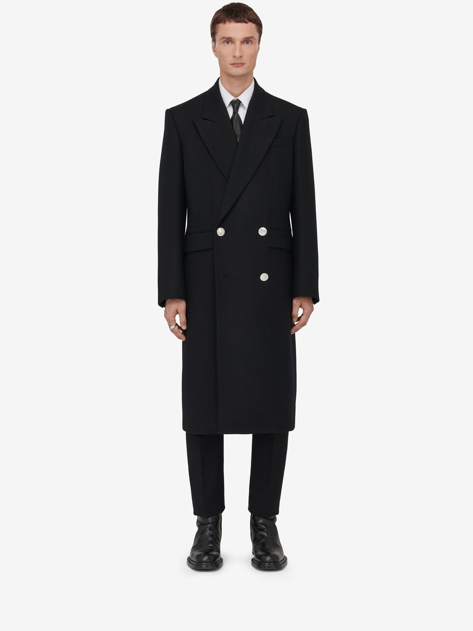 Men's Peak Lapel Double-breasted Coat in Black - 2