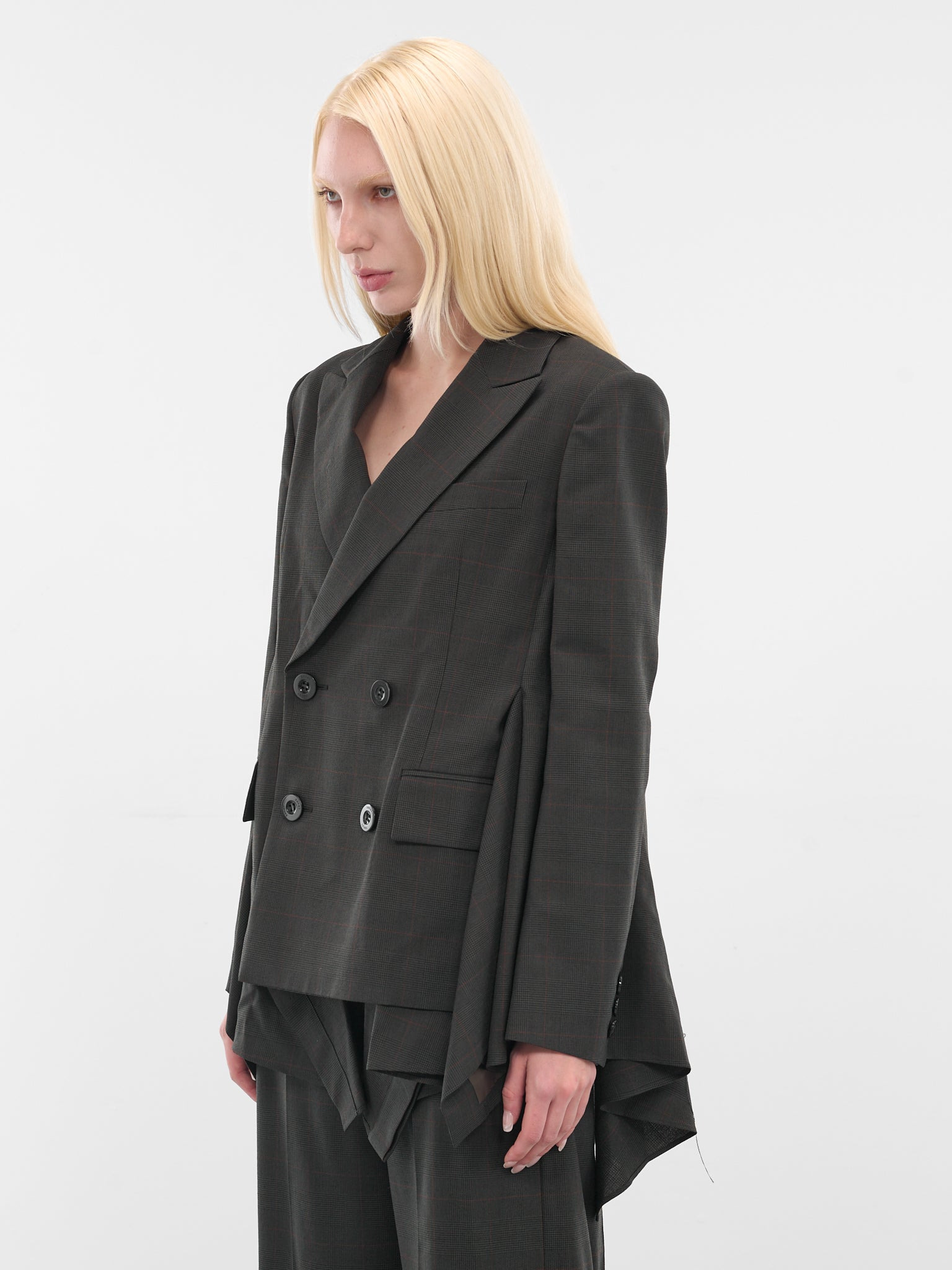 Khaki Glen Check Draped Blazer - 2