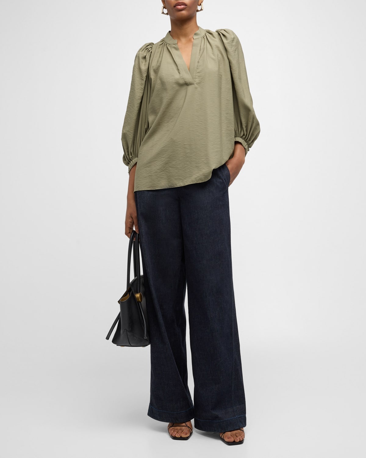 Bell Ruched Blouson-Sleeve Blouse - 3