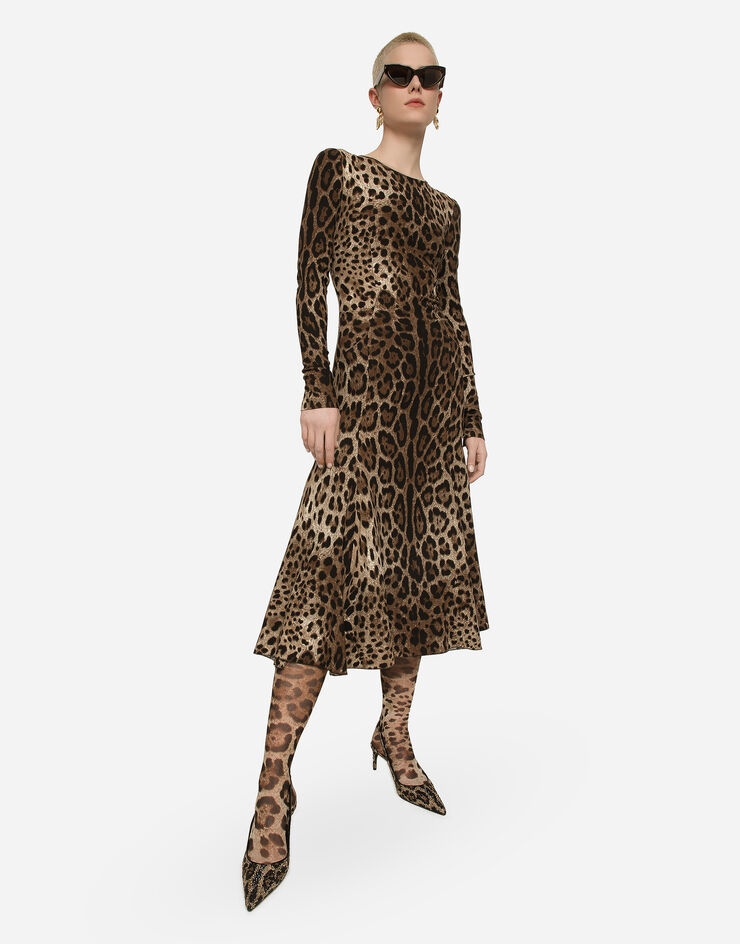 Leopard-print calf-length cady dress - 5