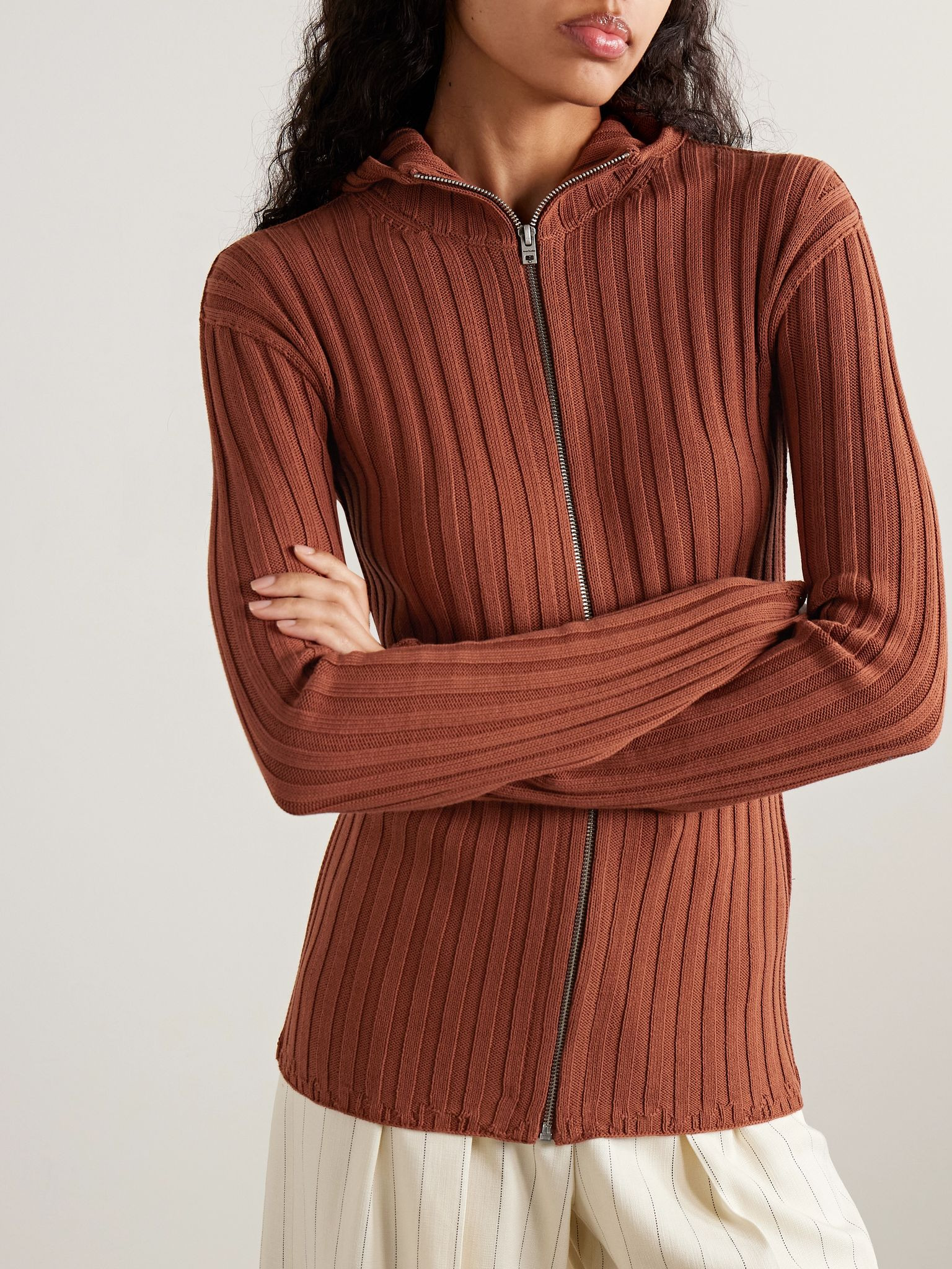 Hooded ribbed cotton cardigan Brick - 3