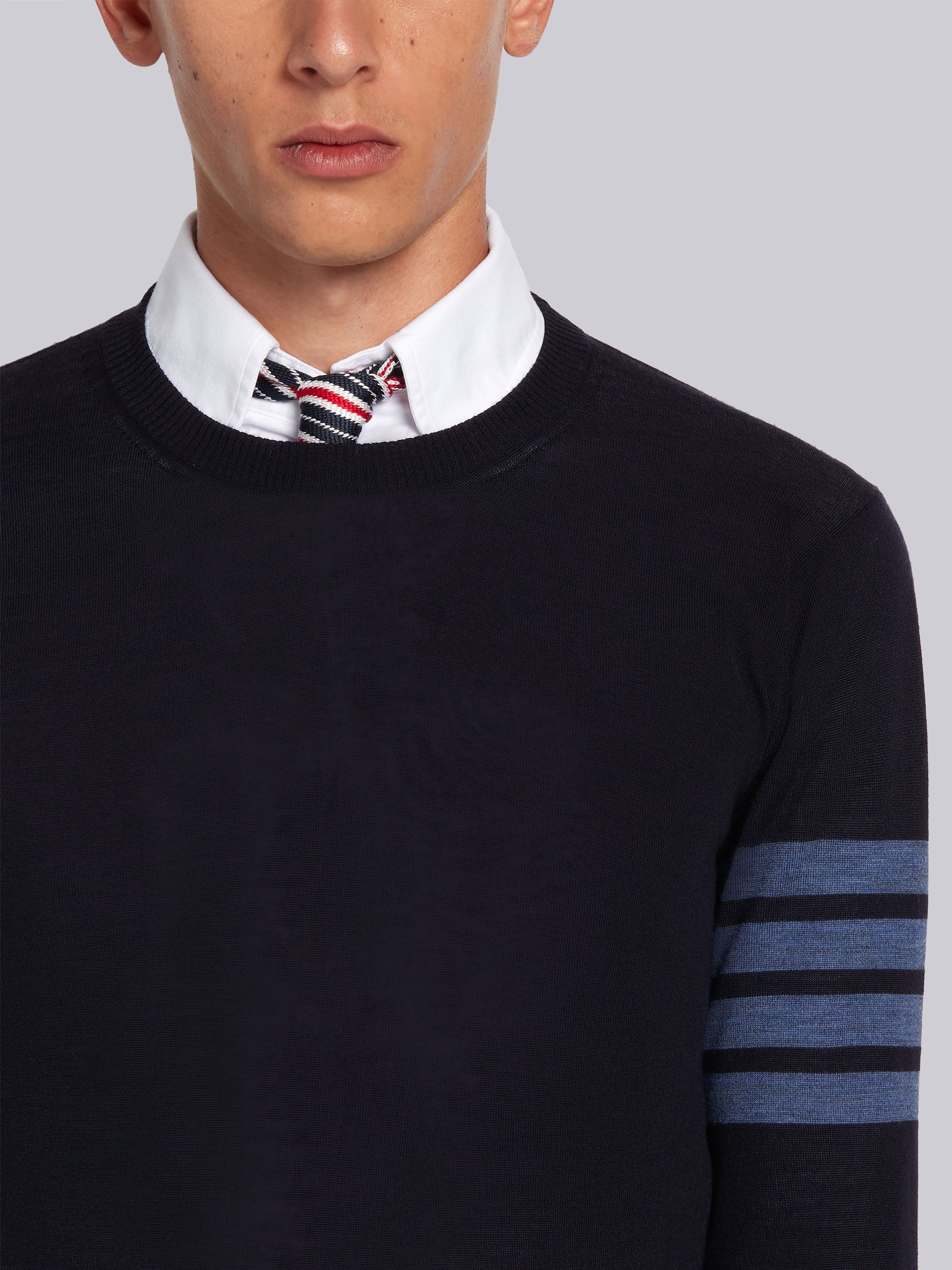 Navy Fine Merino Wool 4-Bar Crewneck Pullover - 5