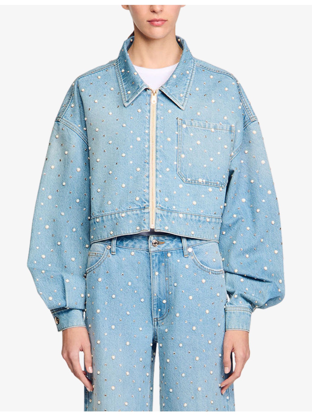 Rhinestone-Embellished Puff-Sleeve Denim Jacket - 3
