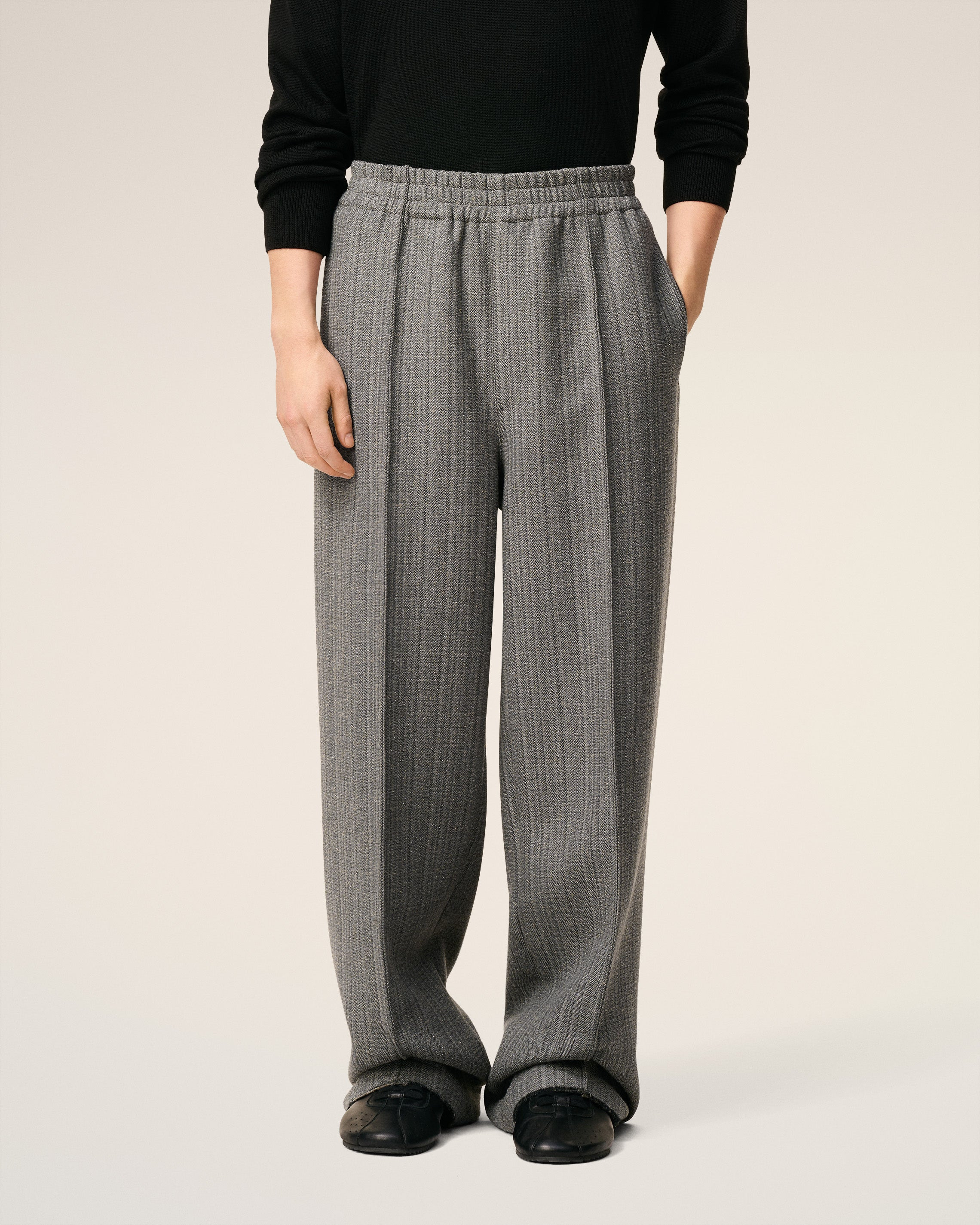 GREY WOOL HERRINGBONE ELASTICATED TROUSERS - 3