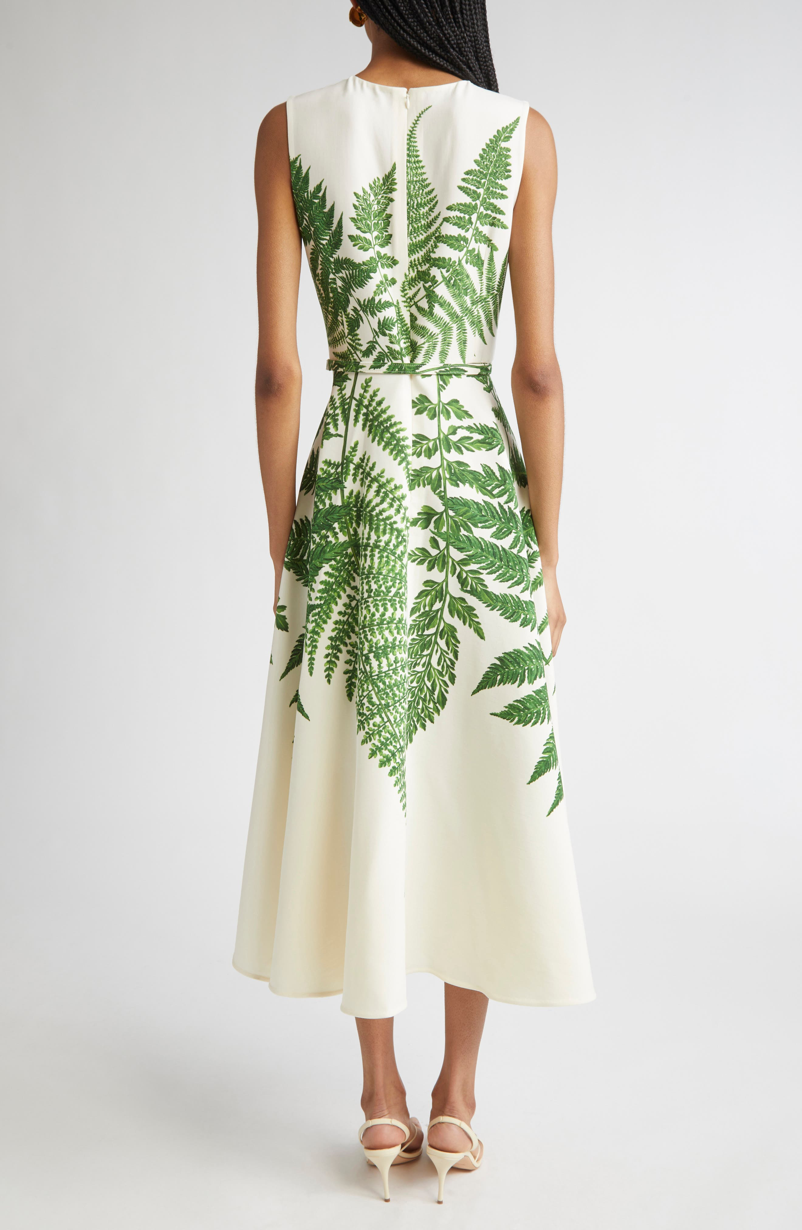 Oscar de la Renta Placed Fern Print Wool Blend A-Line Dress in Green/Ivory at Nordstrom - 2