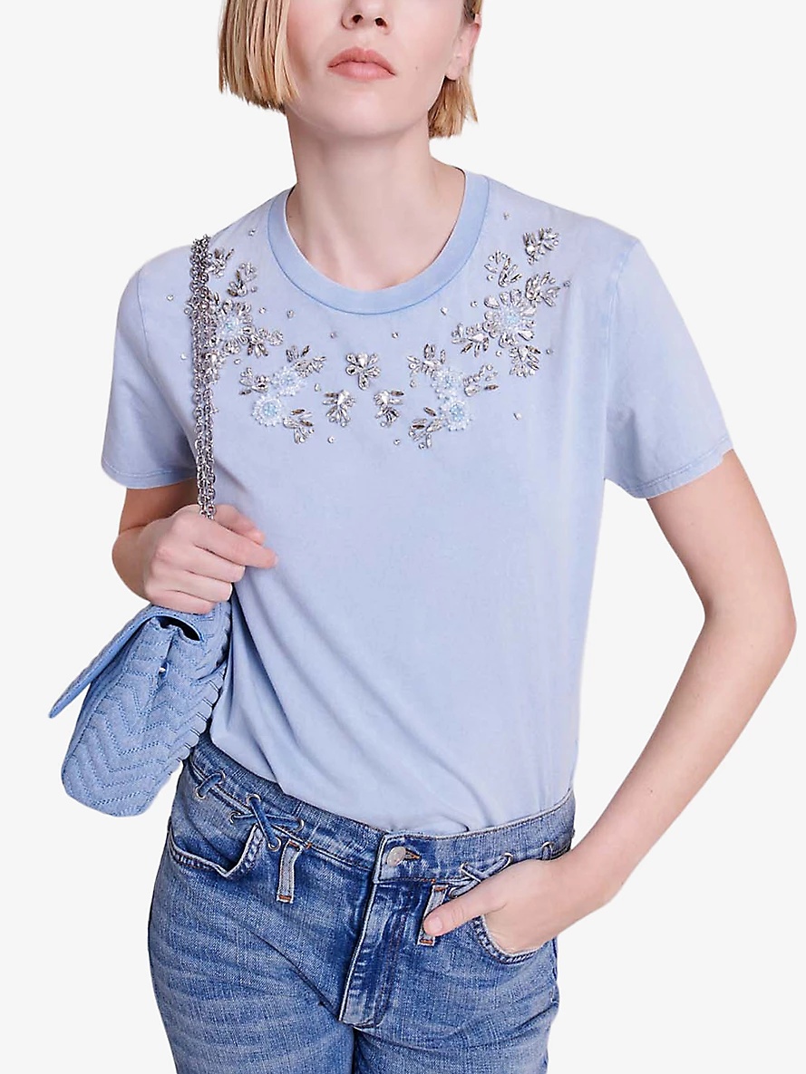 Gem-embroidered short-sleeve cotton T-shirt - 3