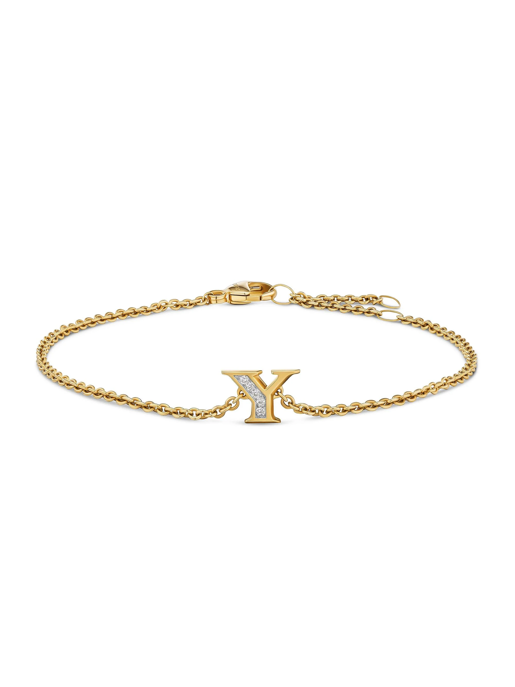 Women's Petite Pavé Initial Chain Bracelet in 18K Yellow Gold - Initial Y - 1