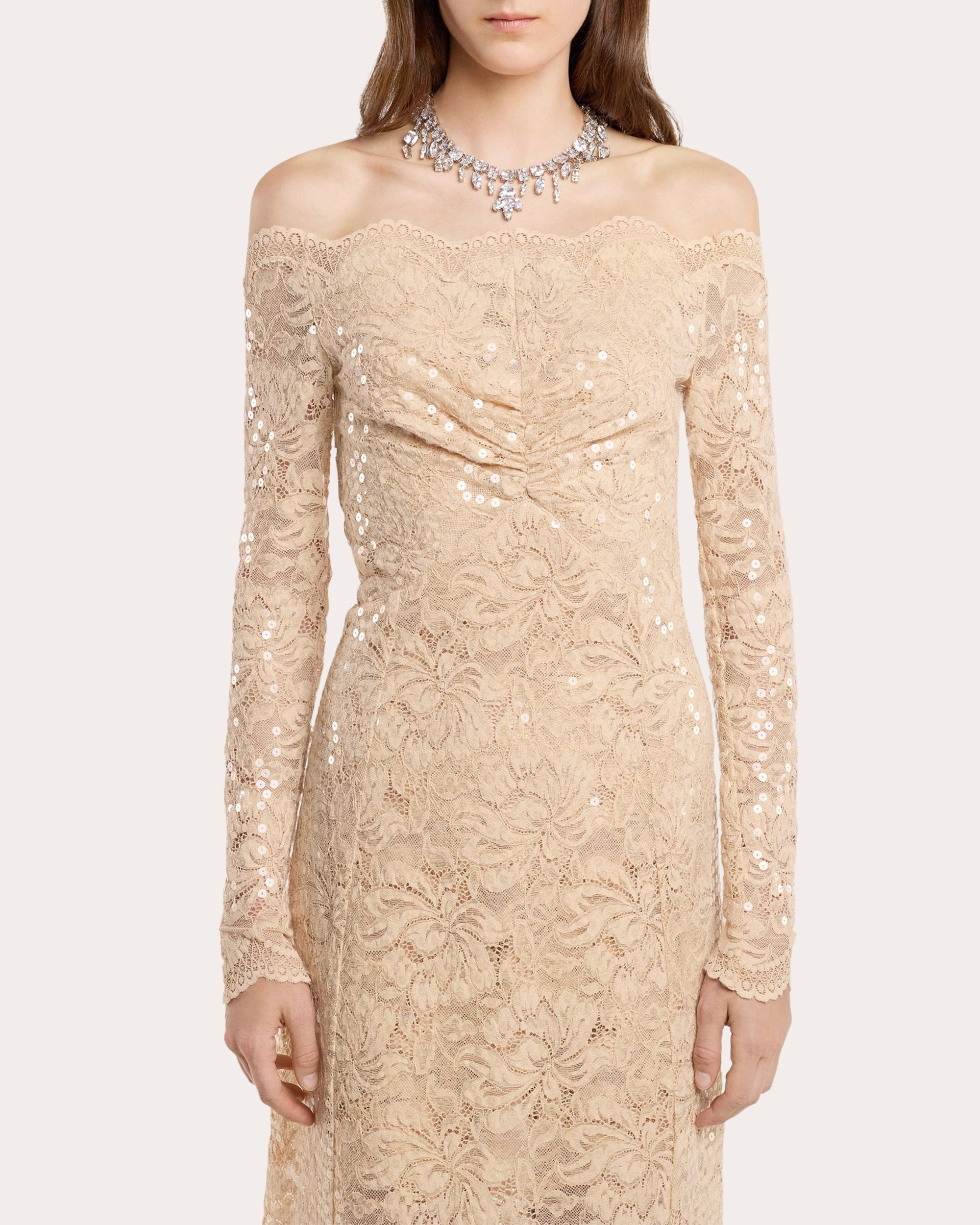 Sequin-Embellished Ruched Lace Maxi Dress - 4