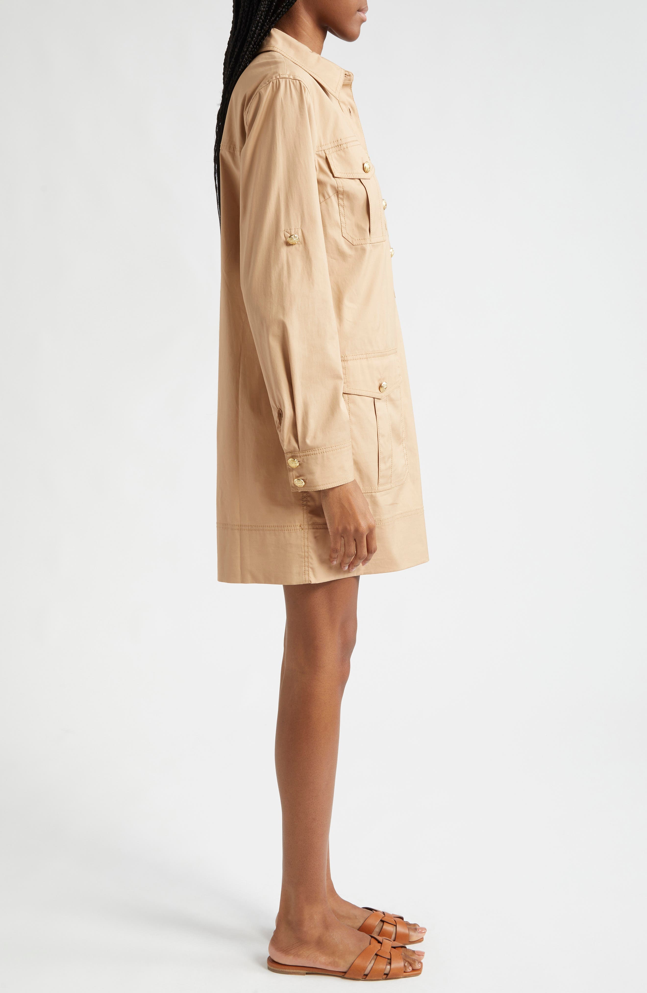 Veronica Beard Saude Long Sleeve Stretch Cotton Dress in Khaki at Nordstrom - 4