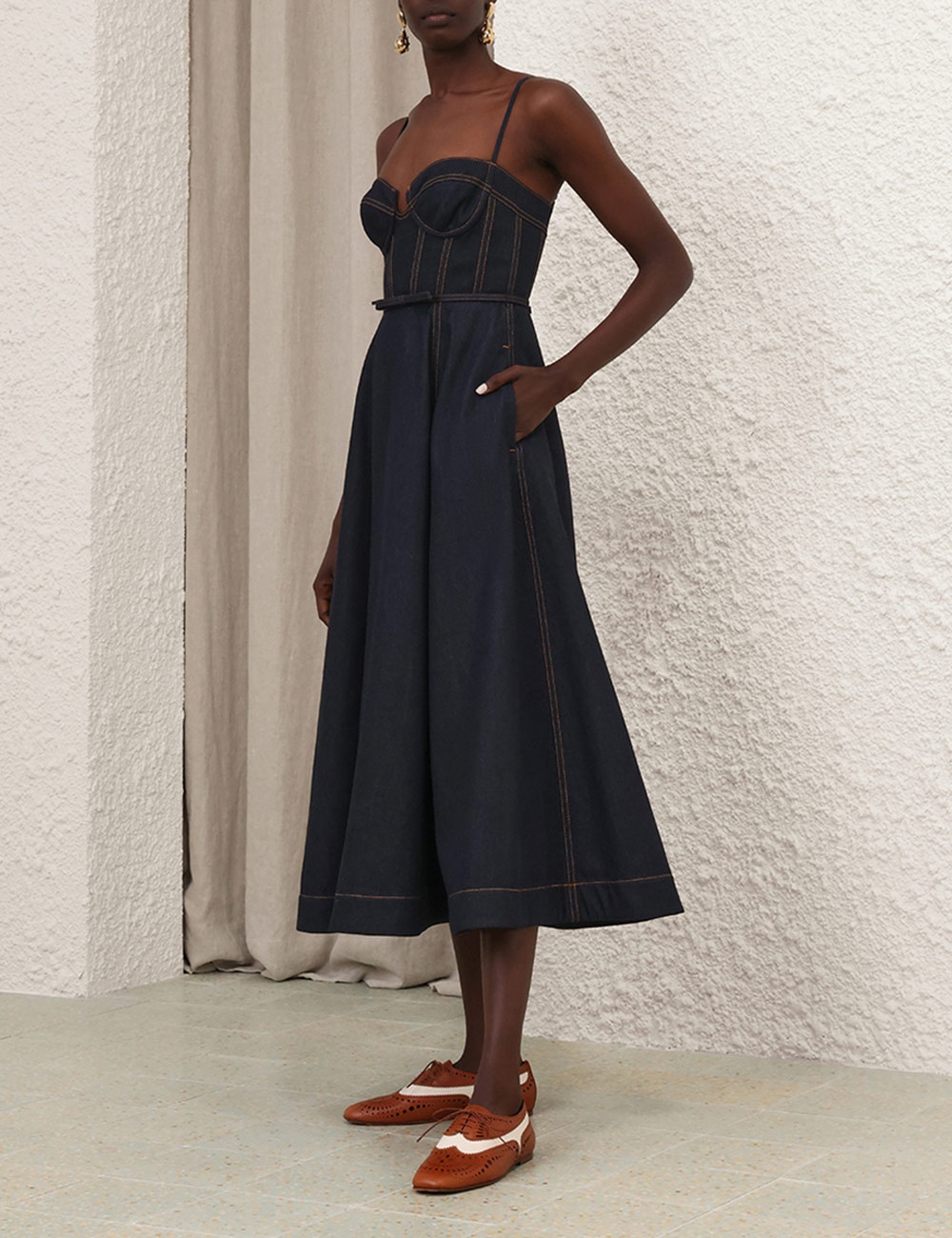 【Zimmermann】CRUSH DENIM FULL MIDI リボンベルト デニム Crush Denim Midi Dress Blue Moon Online | Zimmermann