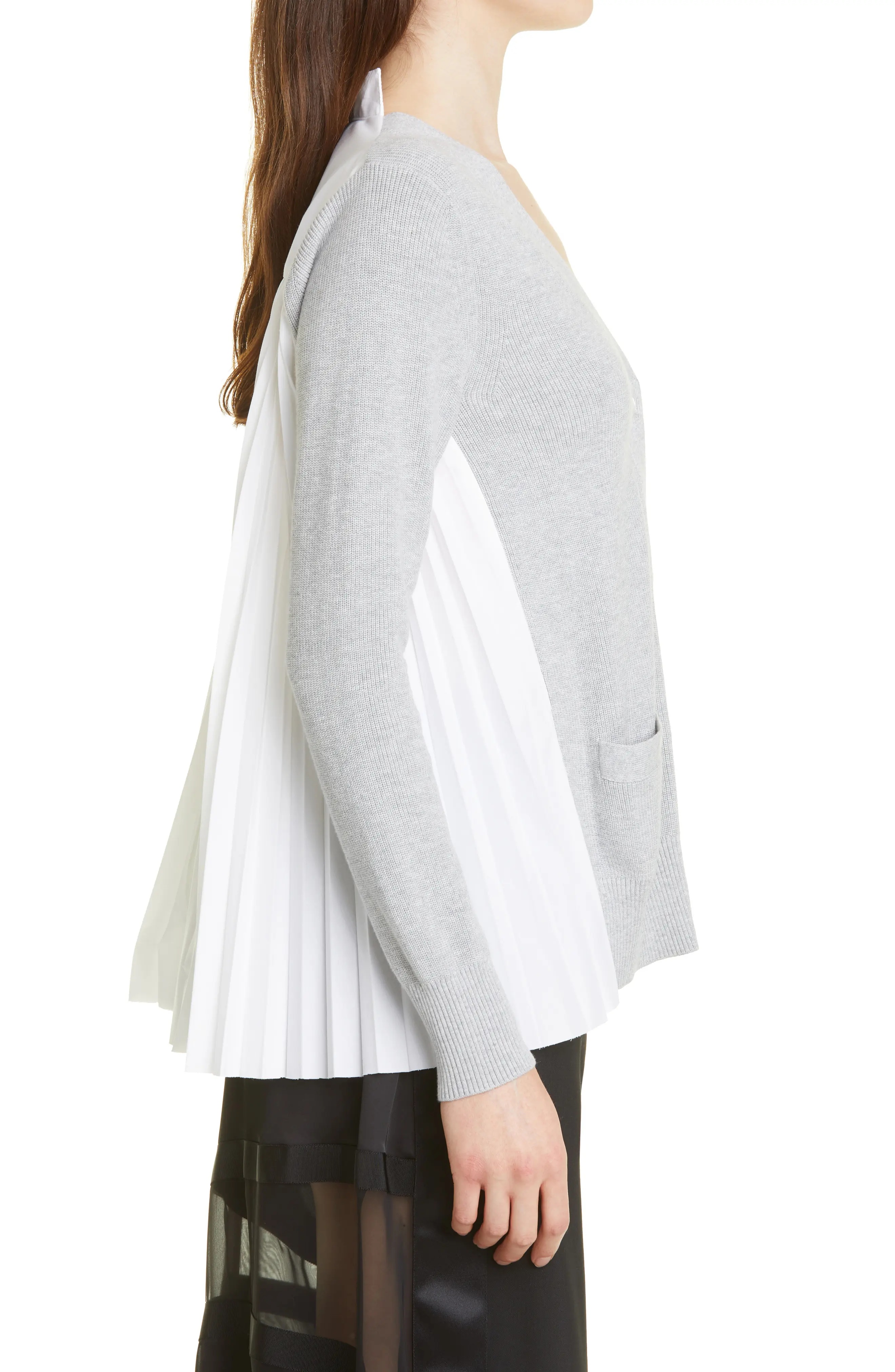 Pleated Back Cotton Cardigan in Light Grey/White - 3