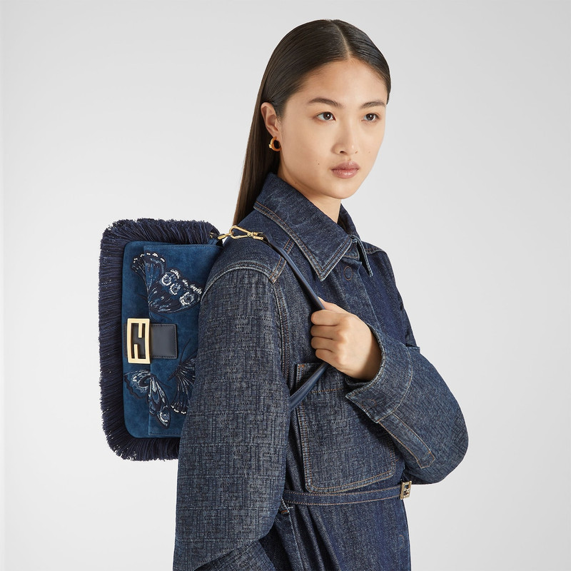 Baguette® Blue flocked denim bag with Night Butterfly embroidery 2