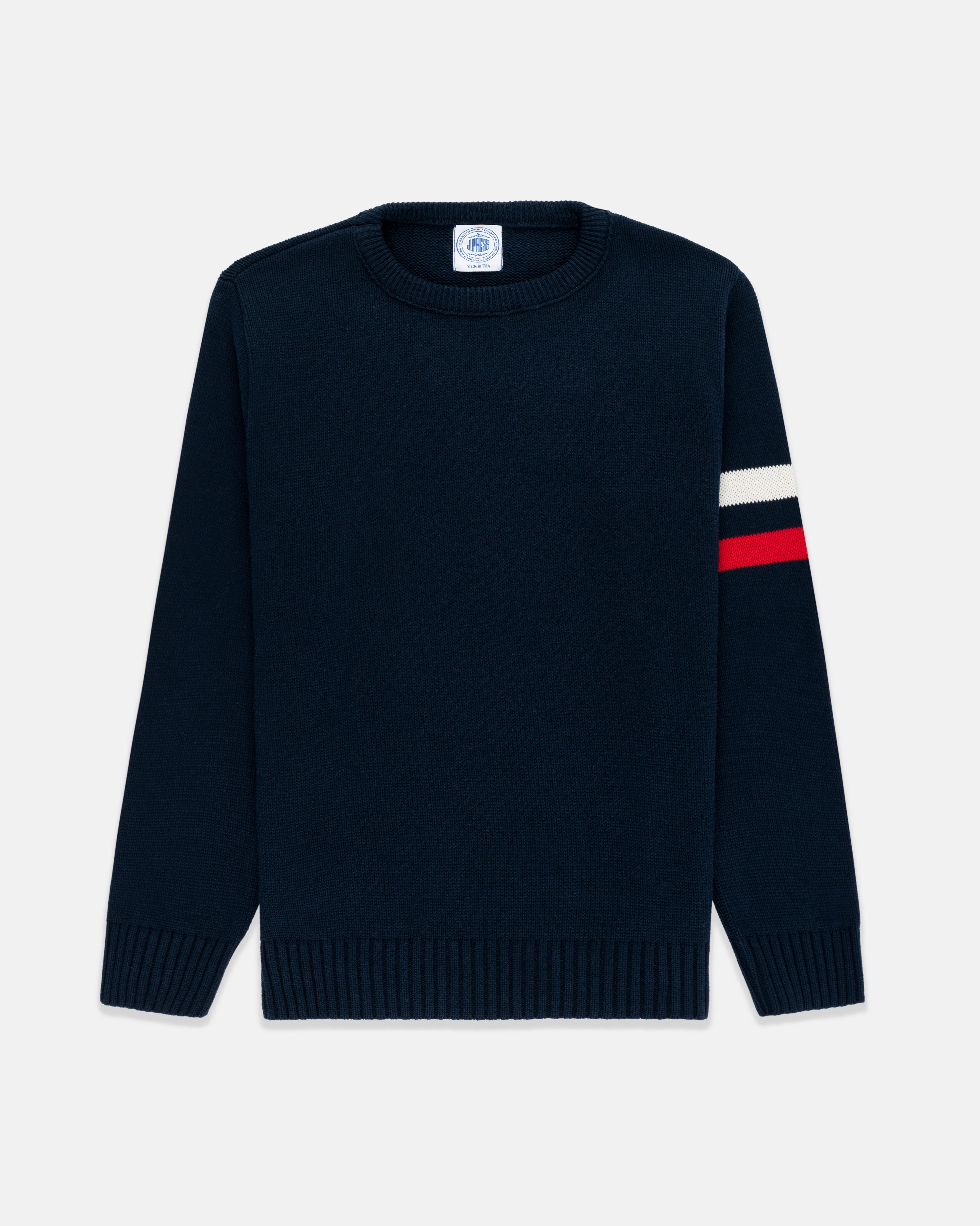 MADE-IN-USA NAVY COTTON SLEEVE STRIPE SWEATER - 1