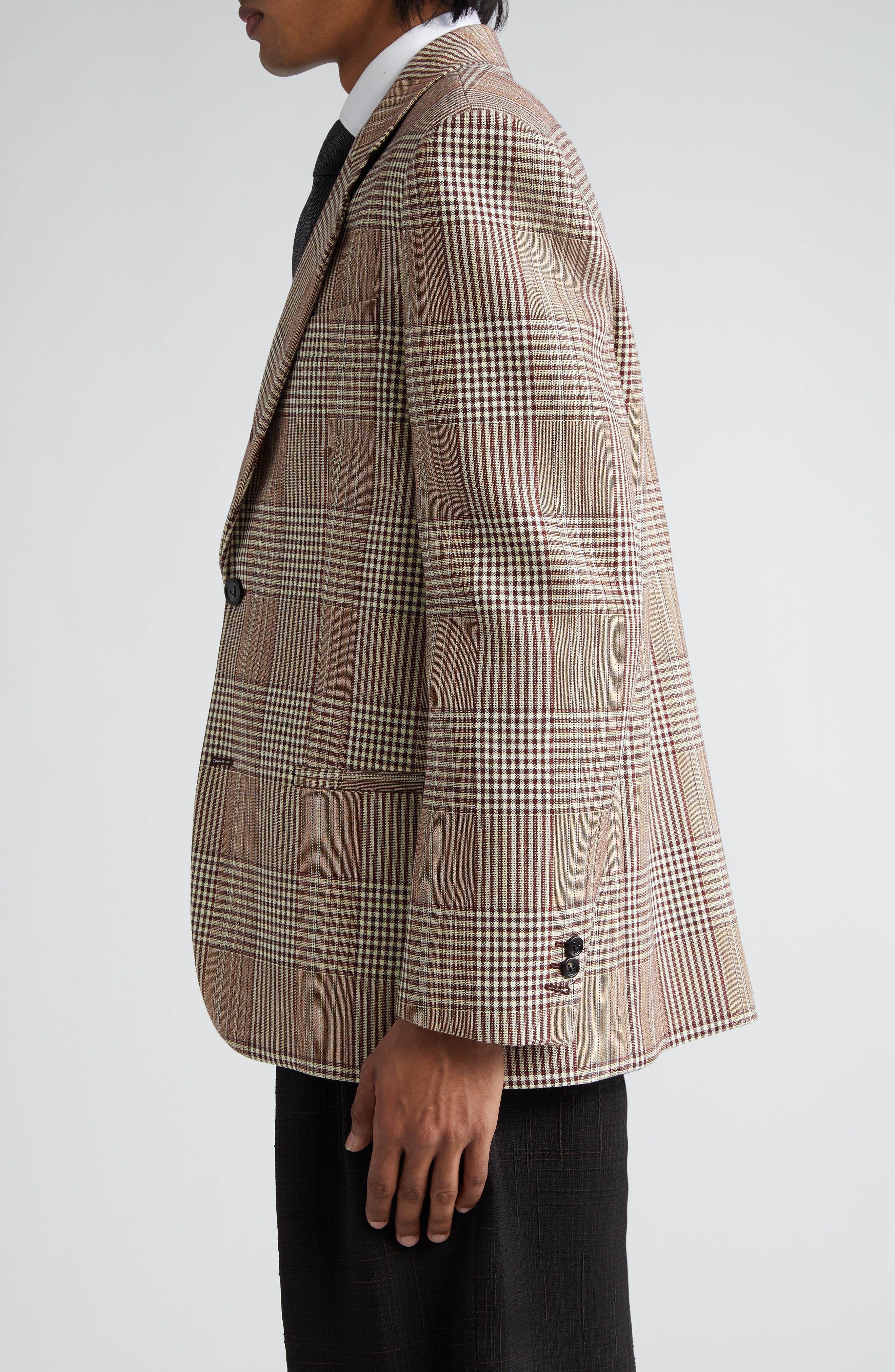 Bottega Veneta Relaxed Fit Check Double Face Cotton Blend Blazer in Brown/White/Yellow at Nordstrom - 4