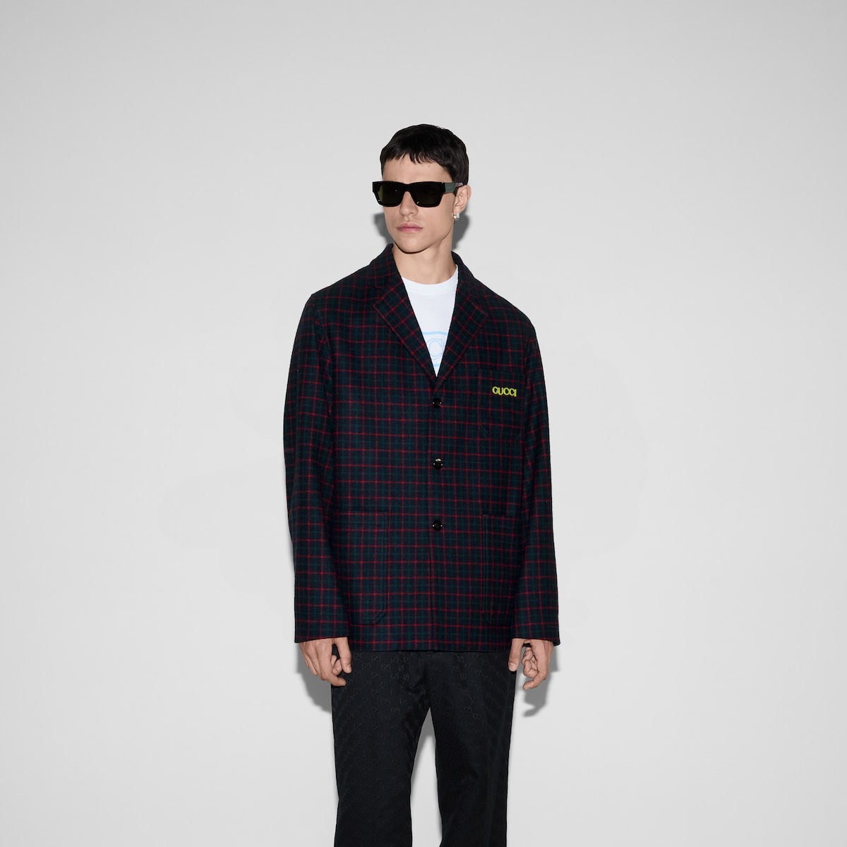 Embroidered check wool flannel jacket - 3