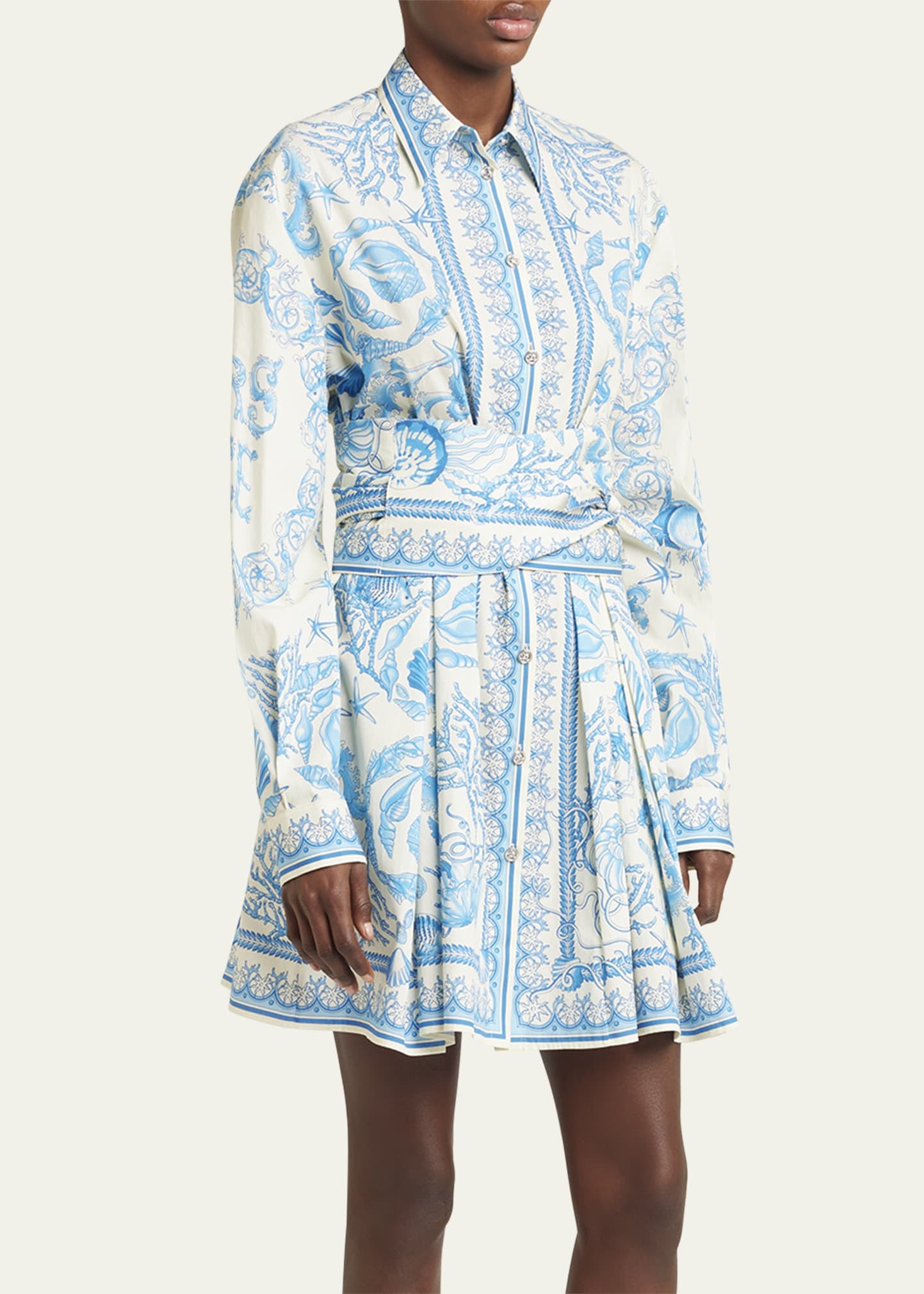 Pleated Baroque Scarf-Print Mini Shirtdress - 4