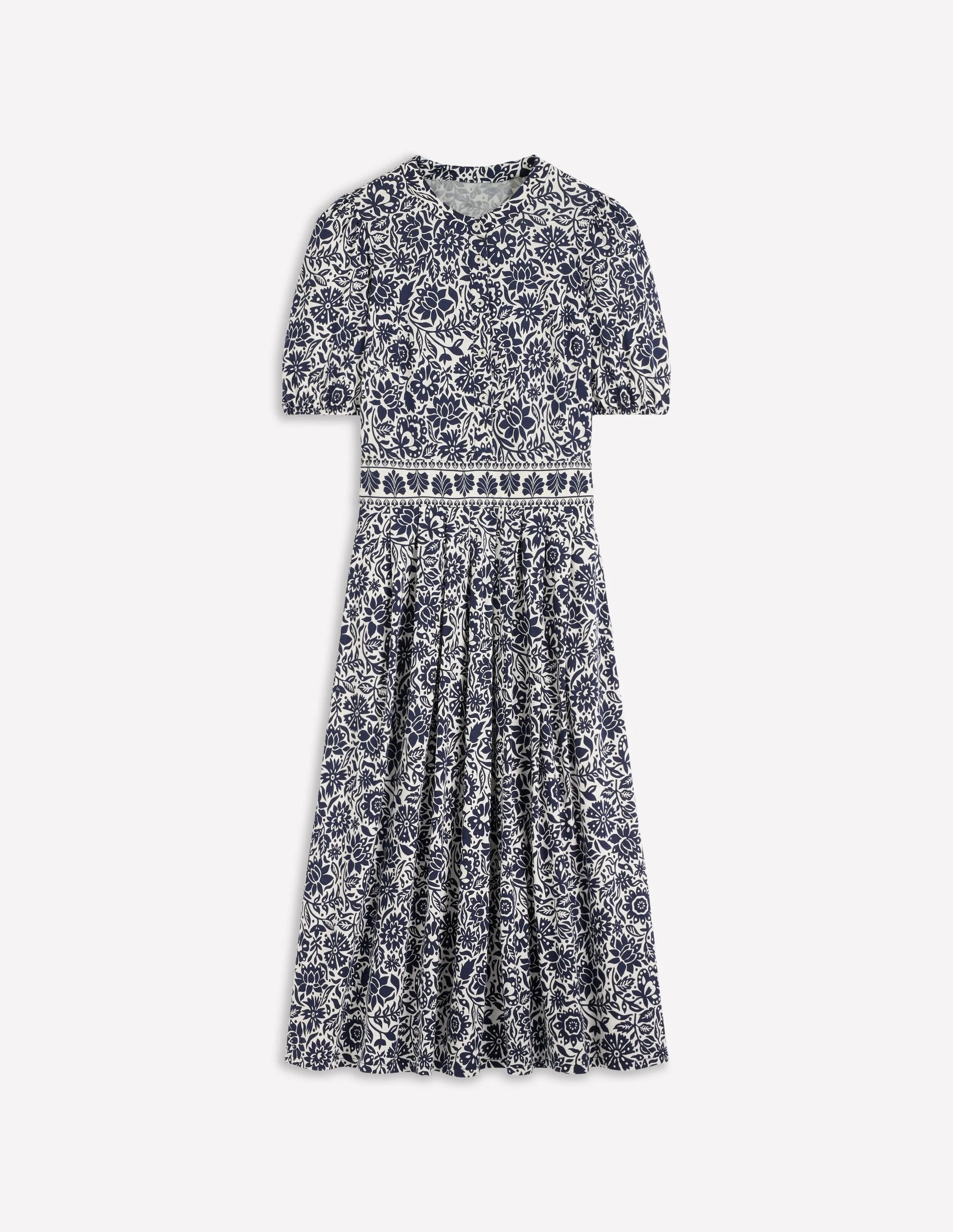 Amber Pleat Jersey Midi Dress-Navy, Meadow Scatter - 1