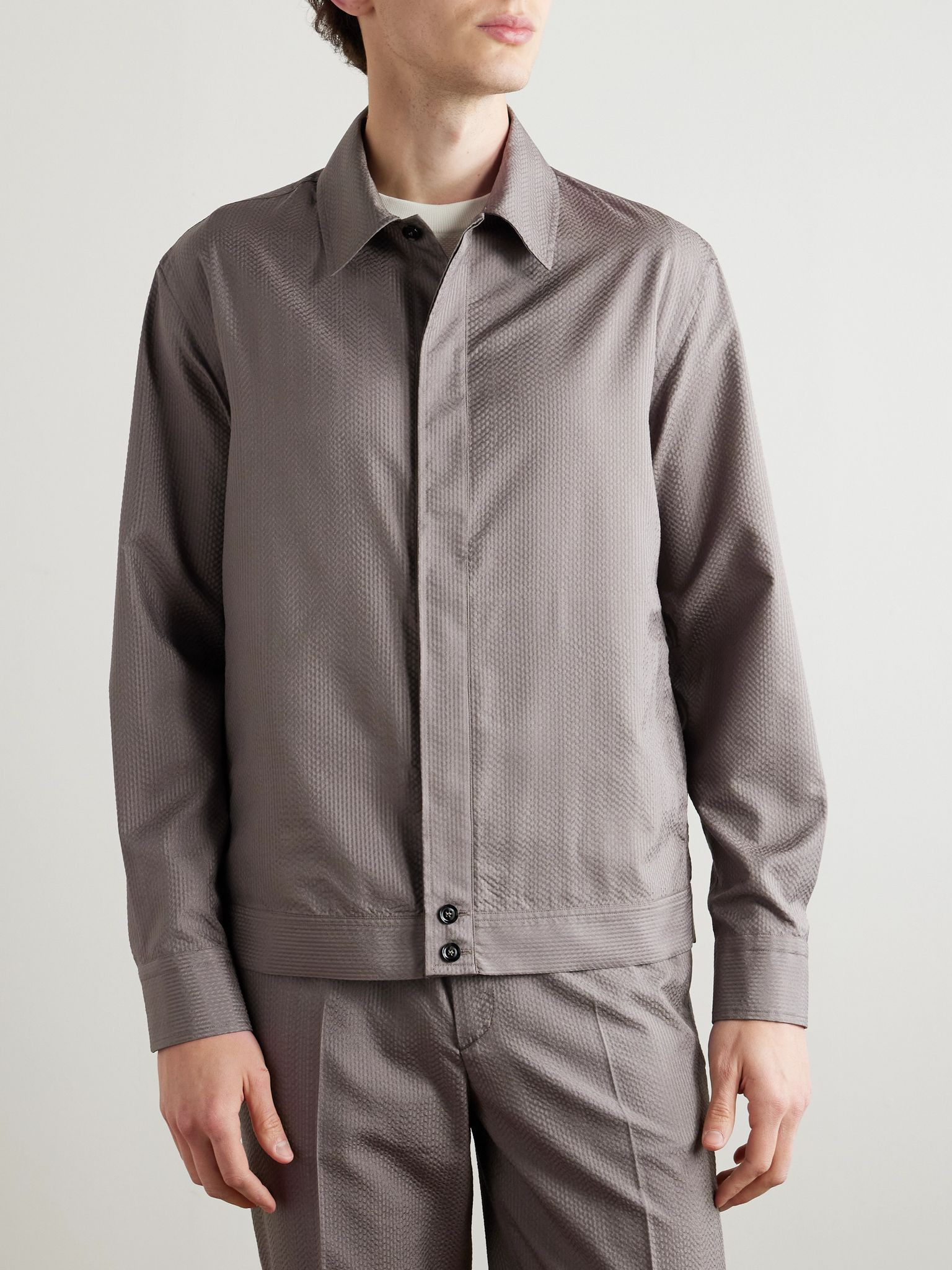 Herringbone Silk-Seersucker Overshirt Gray - 3