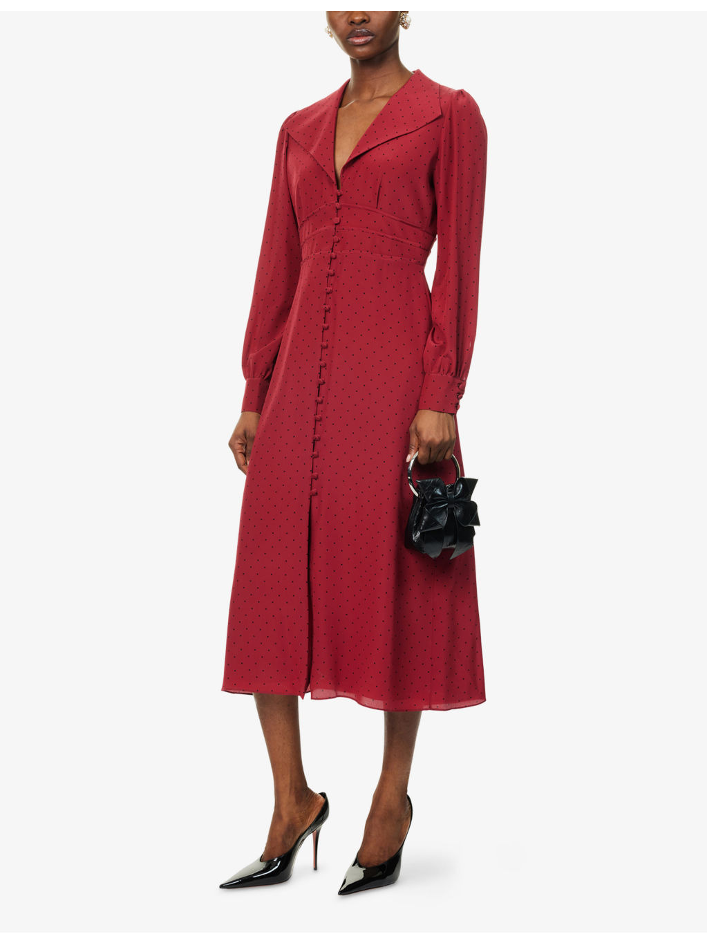 Polka-Dot Puffed-Sleeves Silk Midi Dress - 2
