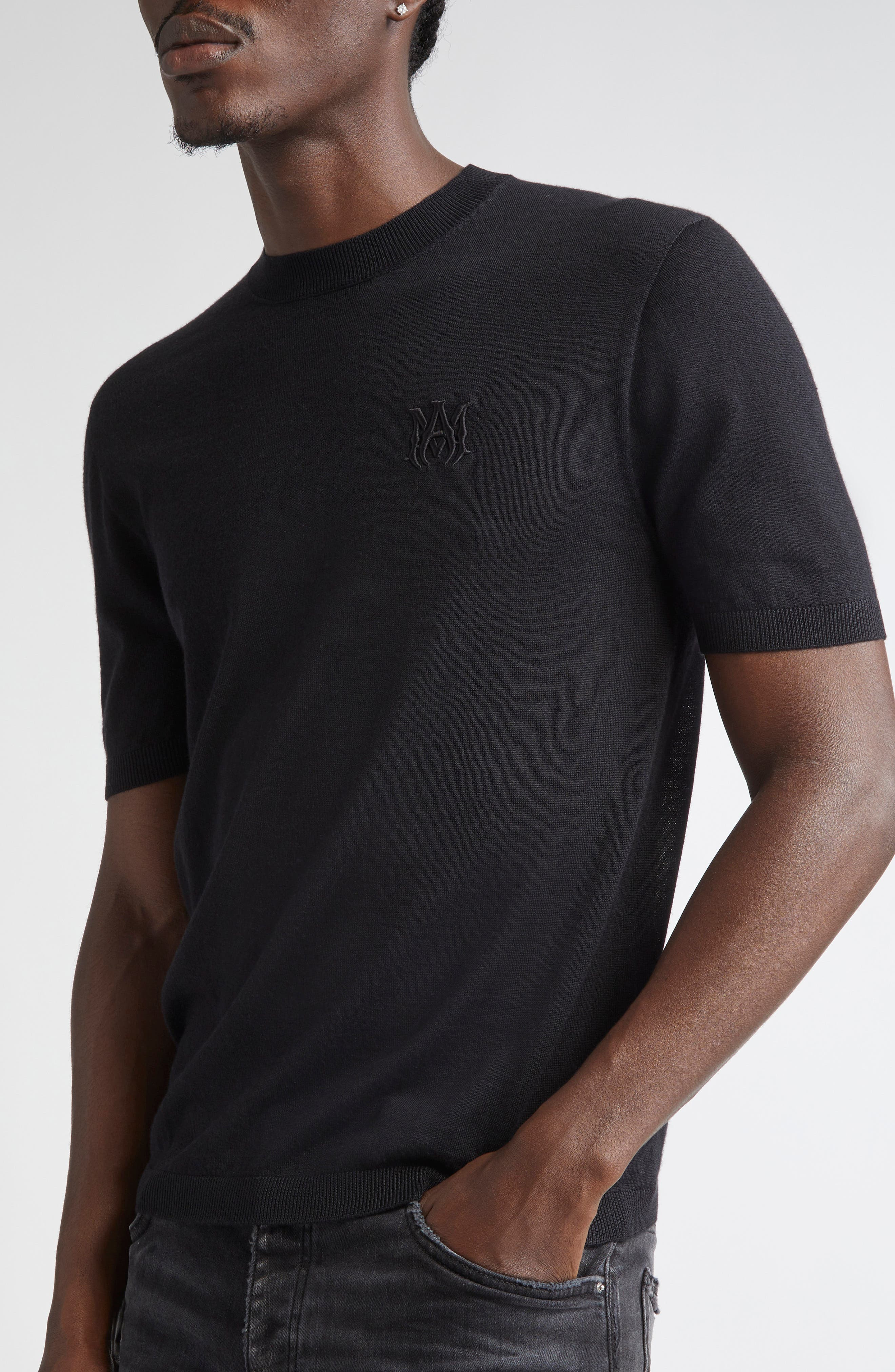 AMIRI MA Monogram Embroidered Short Sleeve Wool & Silk Sweater in Black at Nordstrom - 5