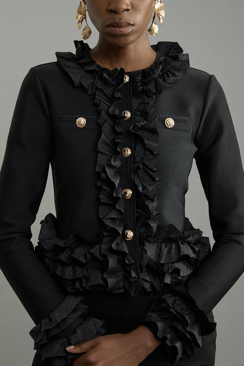 Figure Form Bandage Knit Jacket With Woven Ruffle Trim 5
