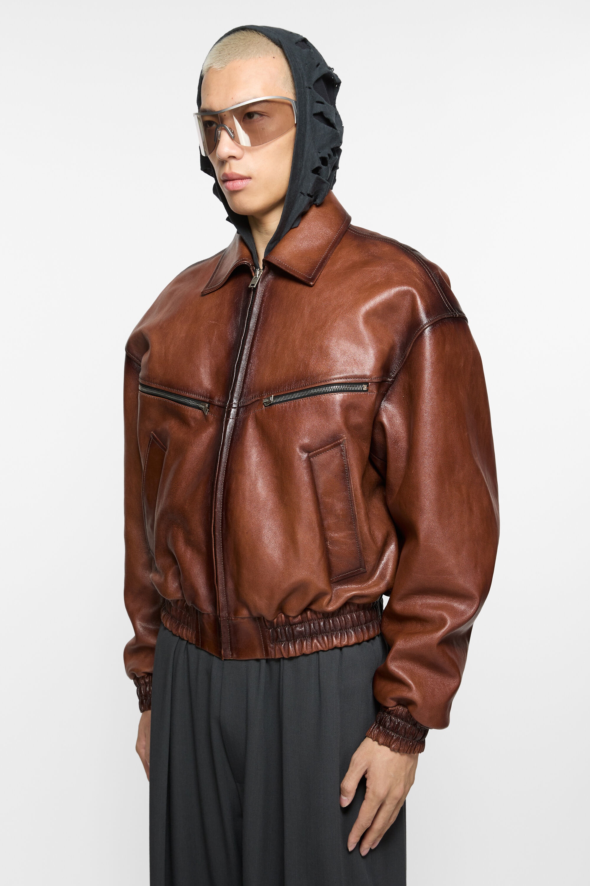 Leather bomber jacket - Cognac brown - 3