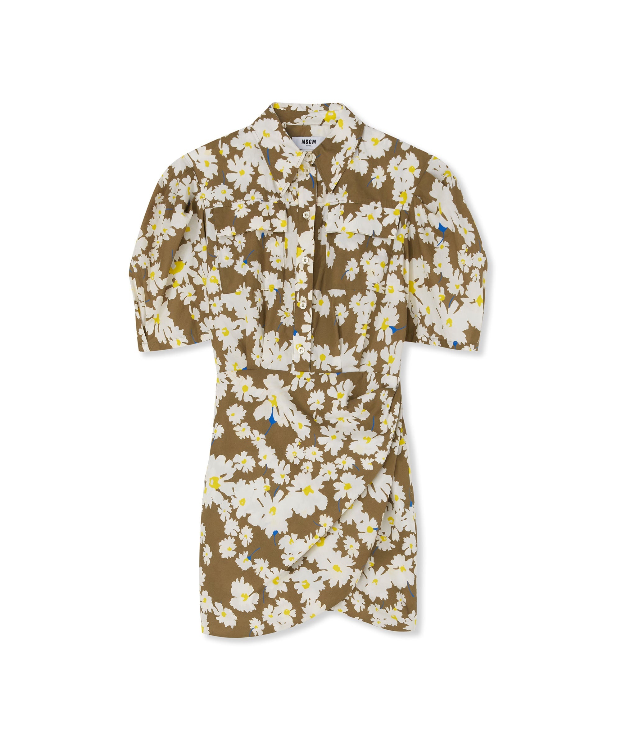 Poplin short draped dress with daisy print - 1