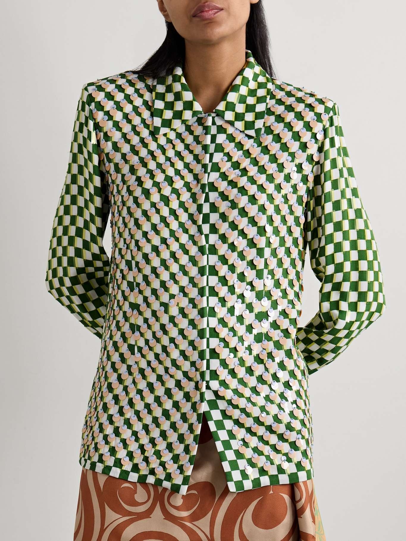 Embellished checked crepe shirt - 3