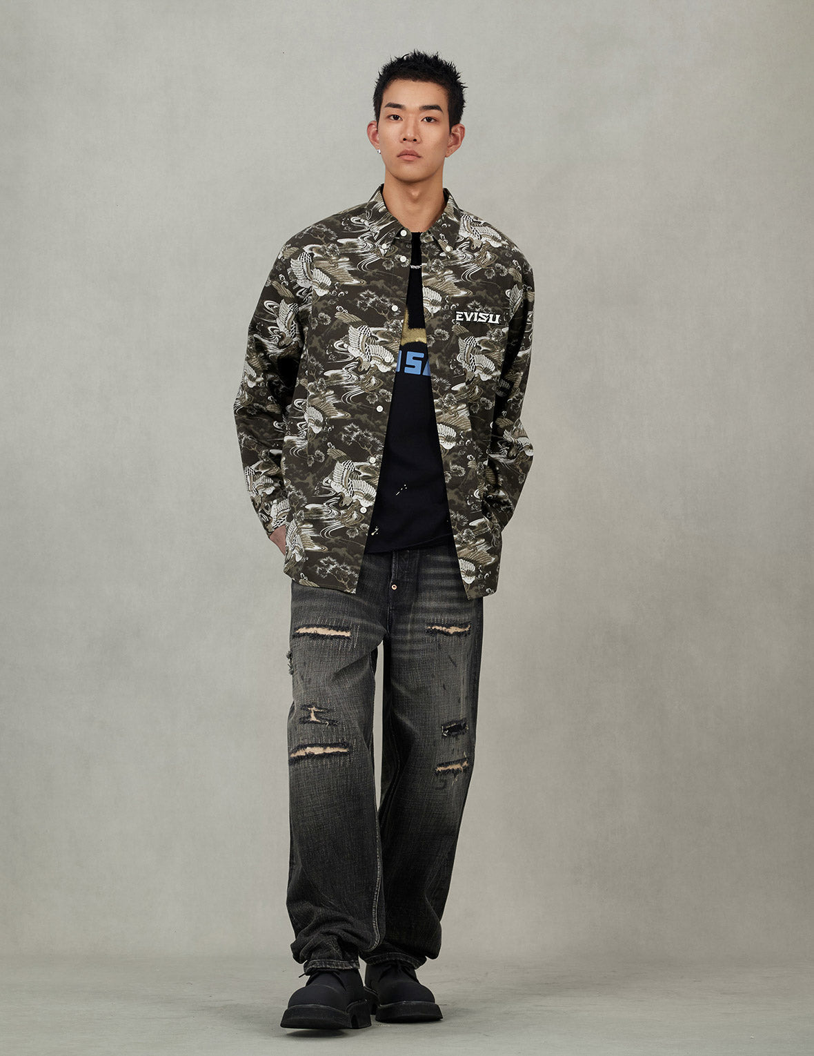 Allover Crane Print Relax Fit Shirt - 7