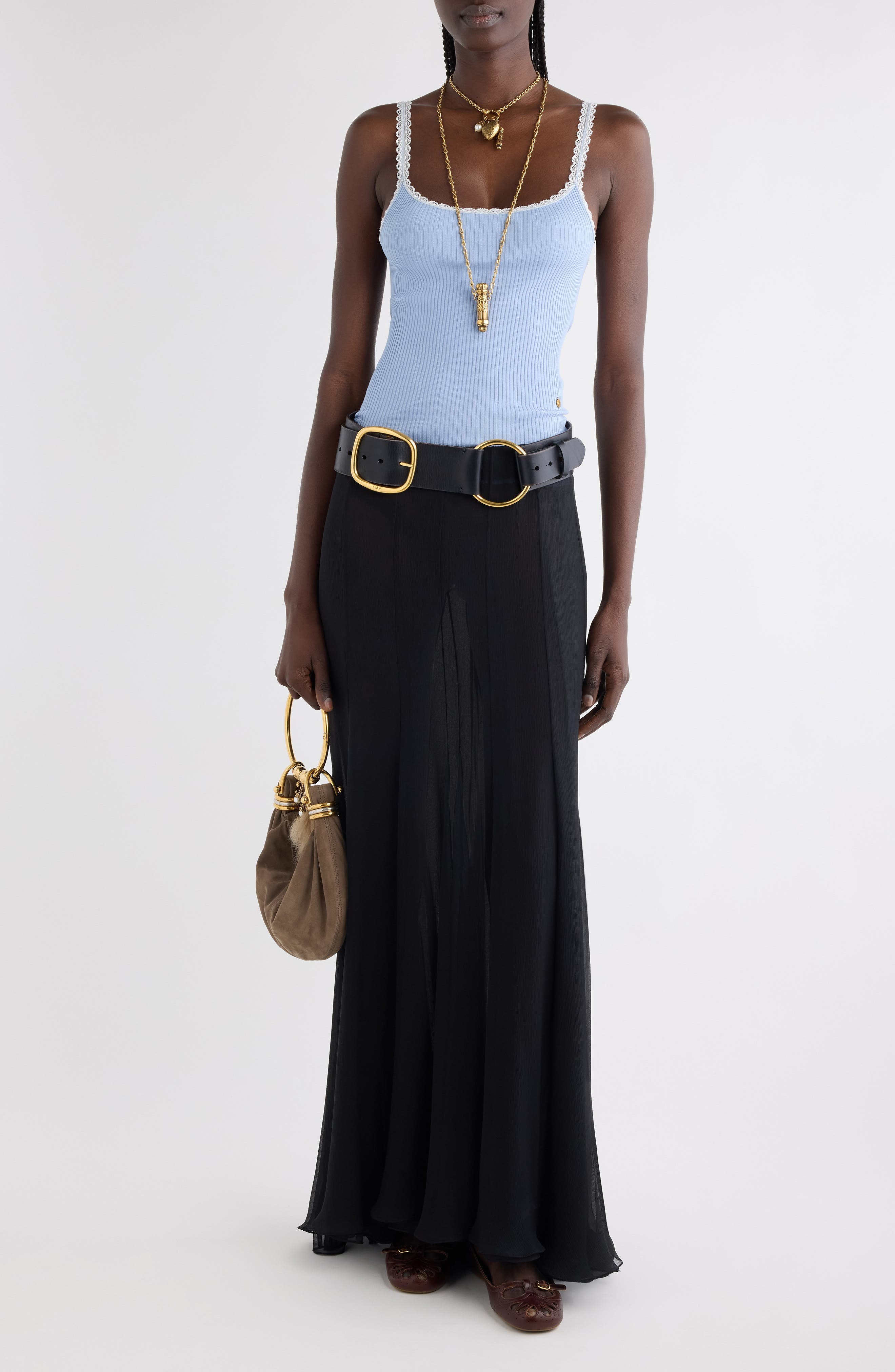 Chloé Fitted Lace Trim Jersey Rib Tank in Idyllic Blue at Nordstrom - 2