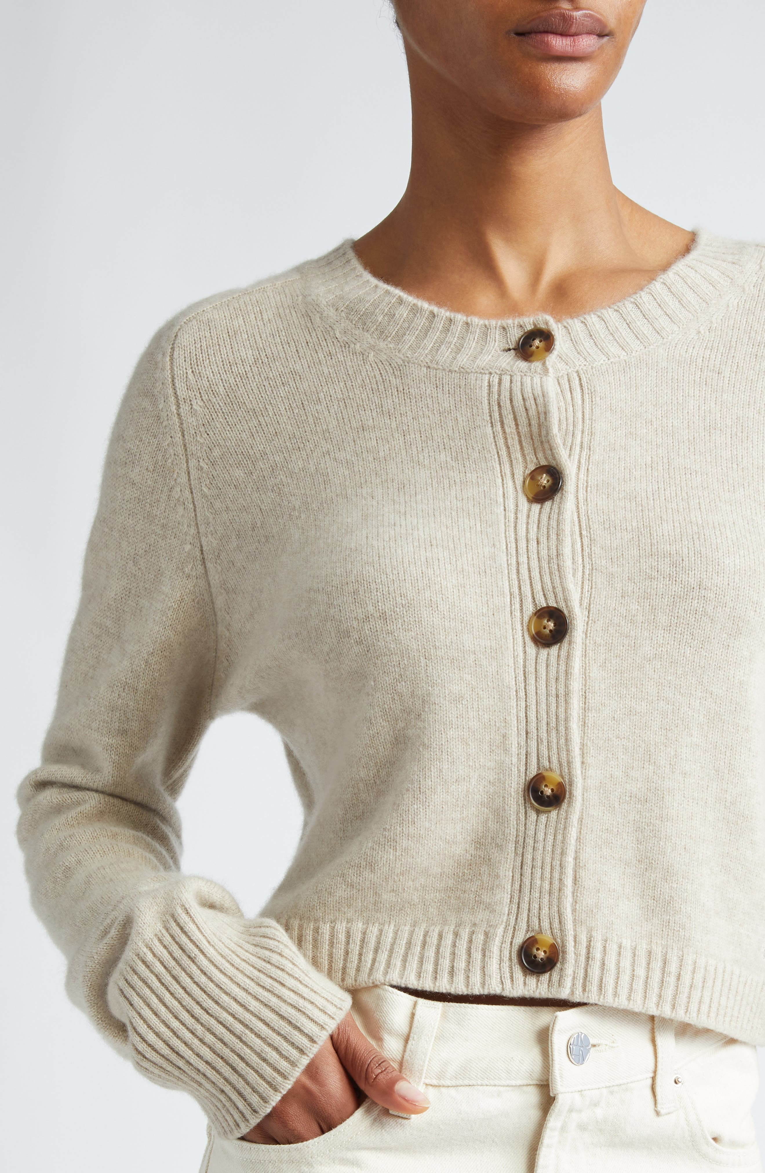 LOULOU DE SAISON Zephir Crop Cashmere Cardigan in Beige Melange at Nordstrom - 4