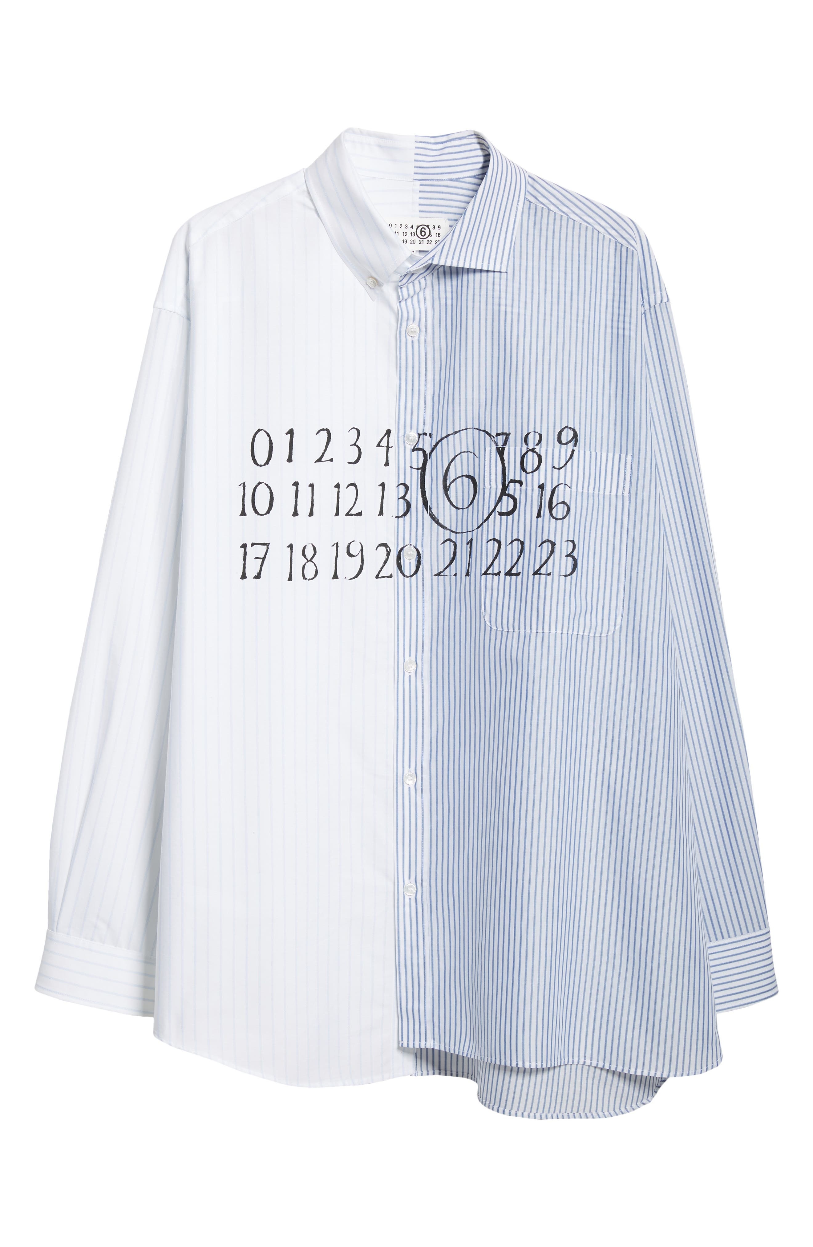 MM6 Maison Margiela Numeric Motif Stripe Asymmetric Cotton Poplin Shirt in Stripes White/beige/blue  - 6