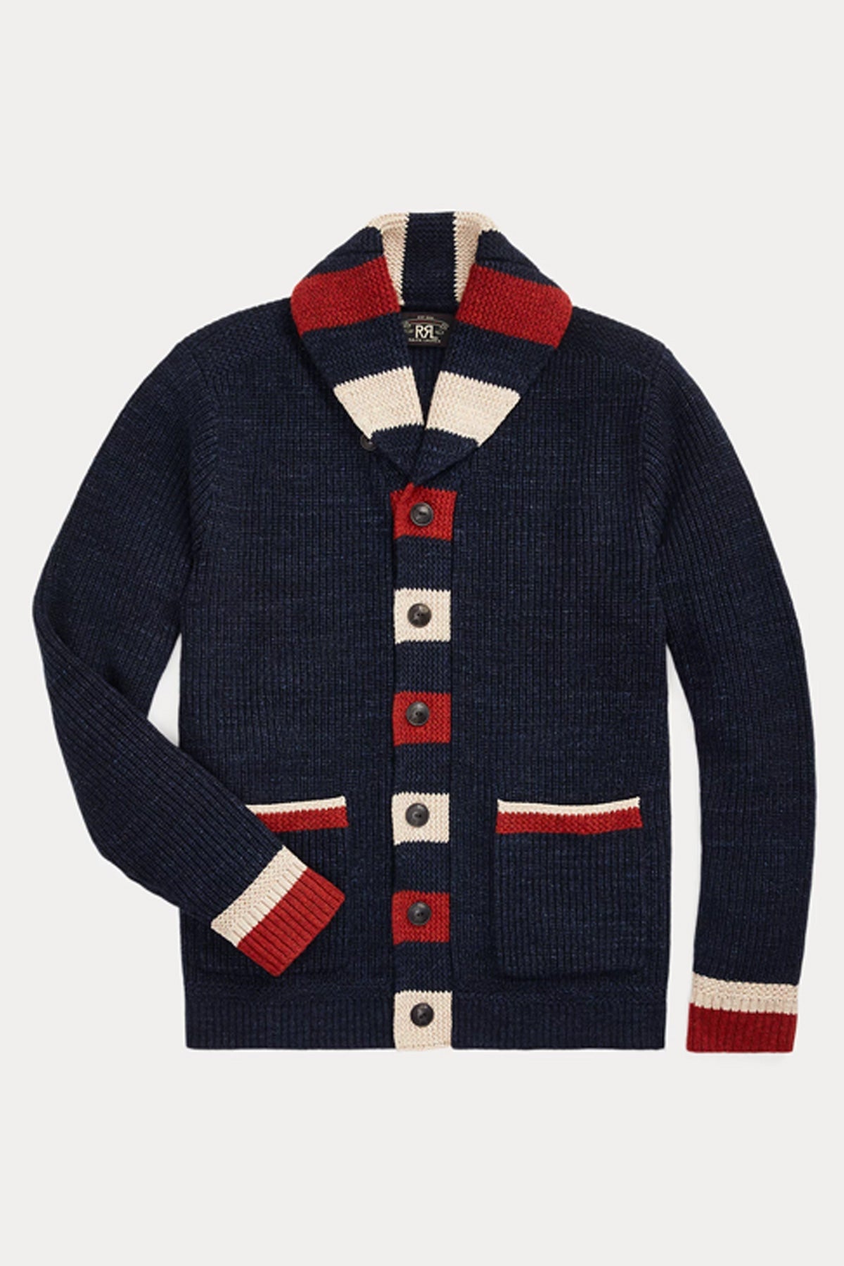 Striped-Trim Cotton-Wool Cardigan - Dark Indigo Multi - 1