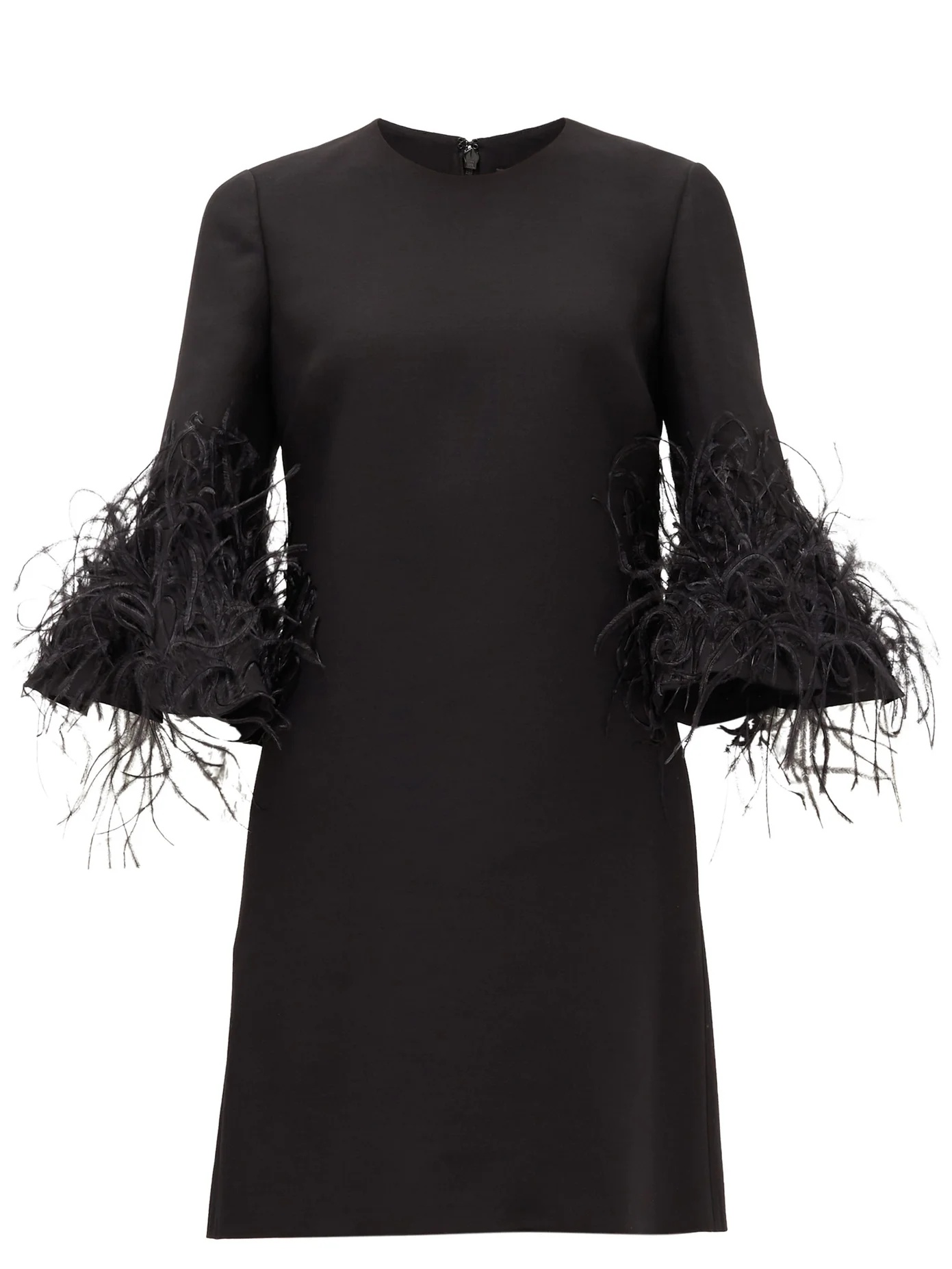 Cropped-sleeve feather-trimmed wool-blend dress - 1